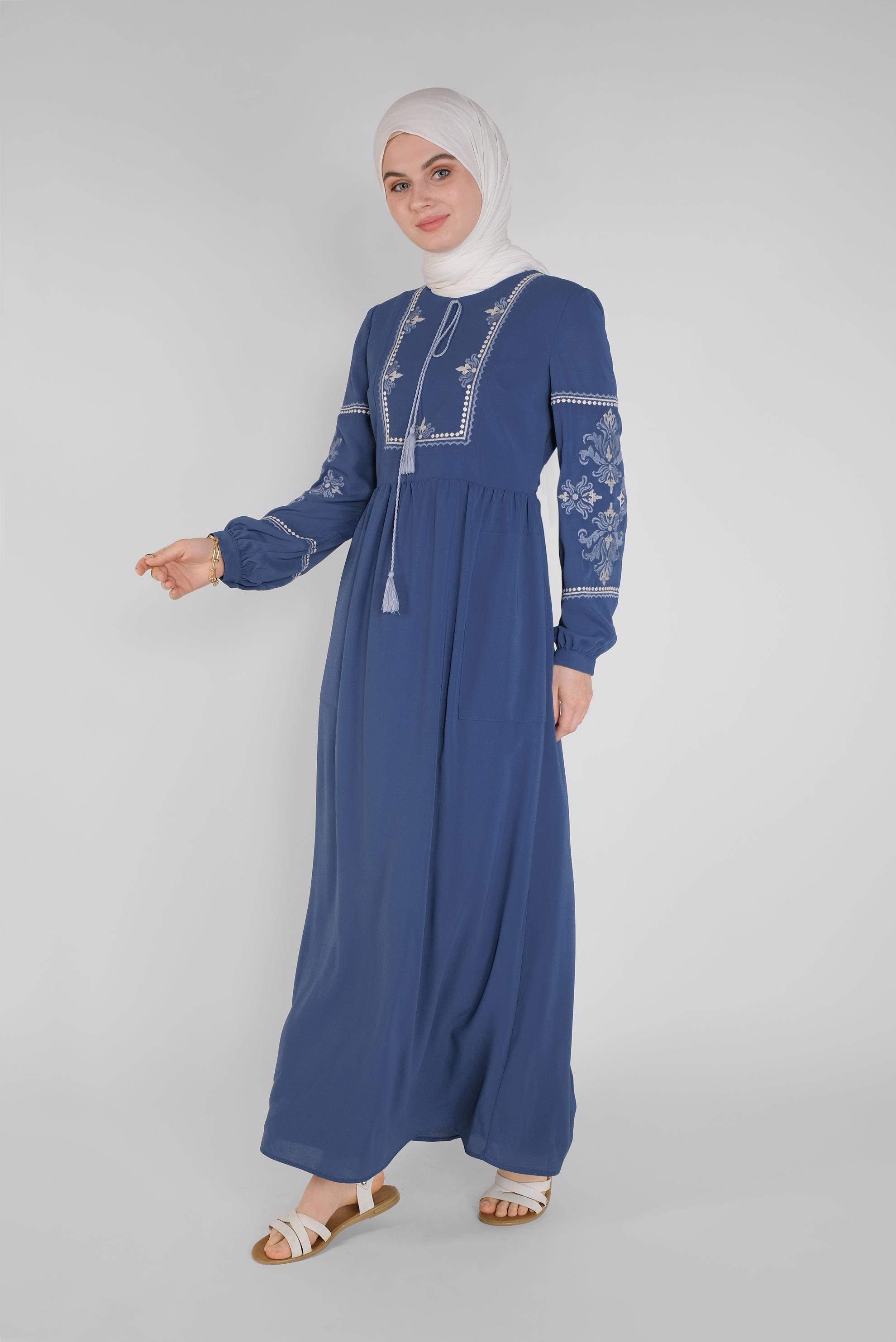 Tesettür giyim LACİVERT NAKIŞ DETAYLI ELBİSE 41554