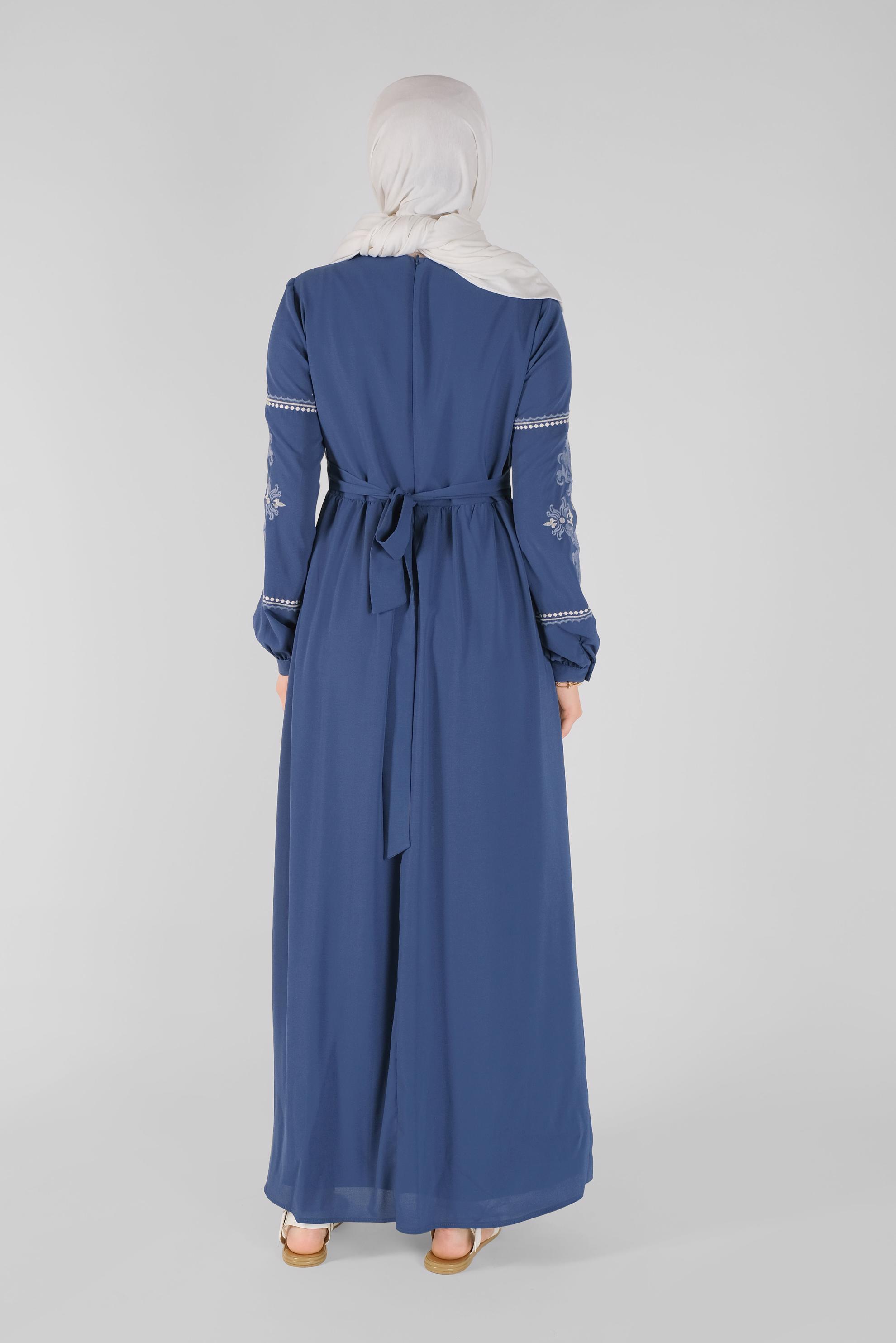 Tesettür giyim LACİVERT NAKIŞ DETAYLI ELBİSE 41554