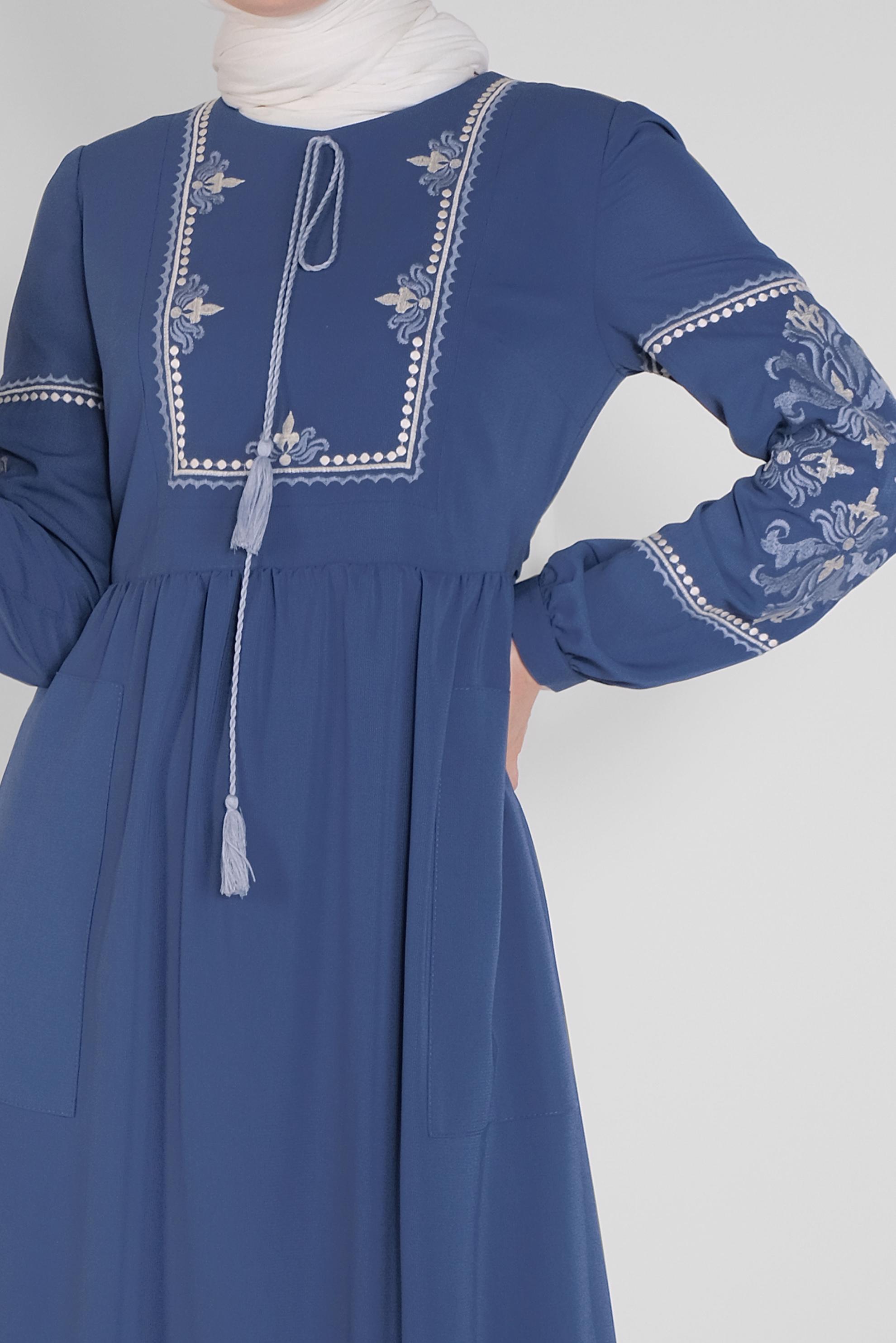 Tesettür giyim LACİVERT NAKIŞ DETAYLI ELBİSE 41554