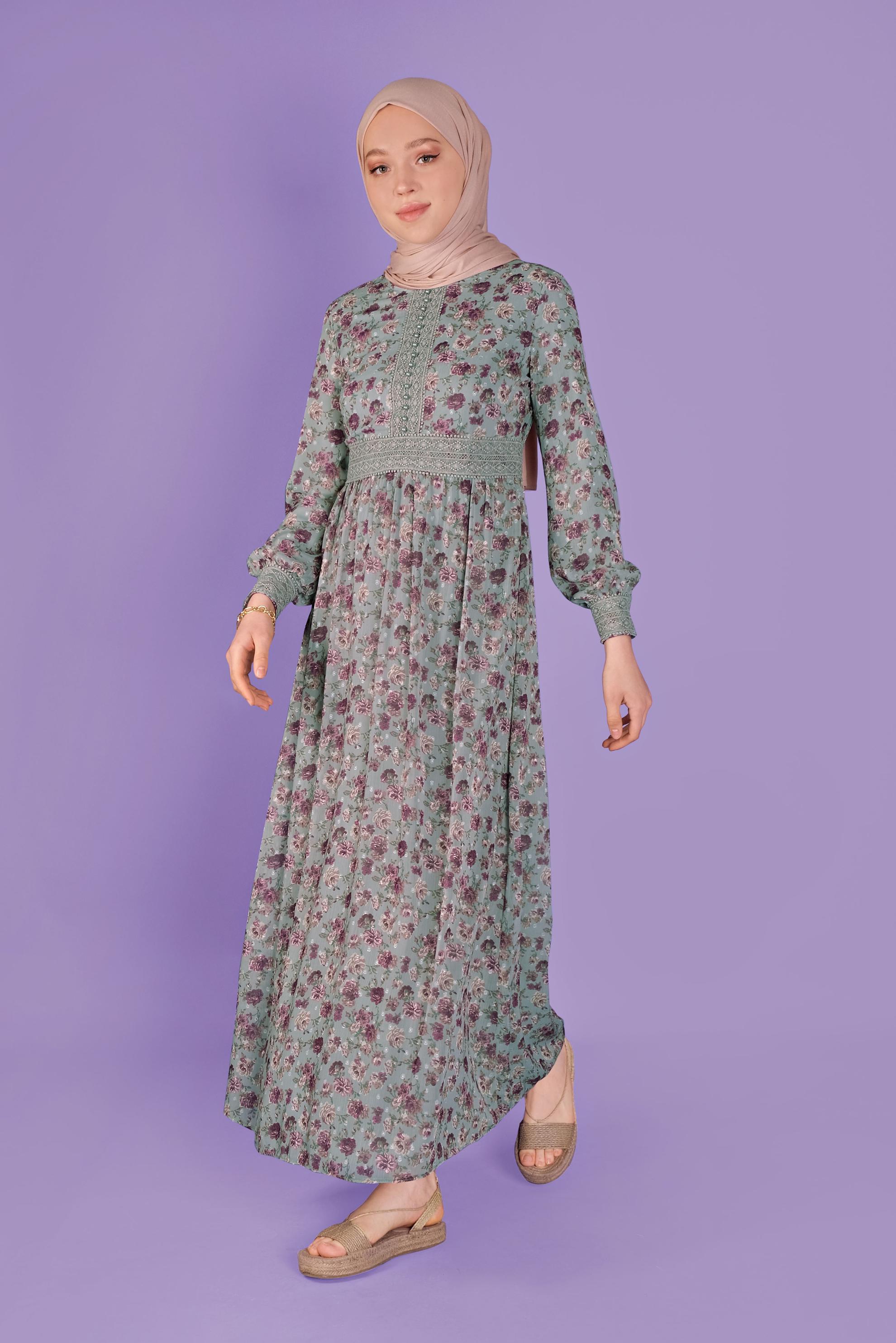 Tesettür giyim GRİ DANTEL DETAYLI EMPİRME KESME ŞİFON ELBİSE 41555