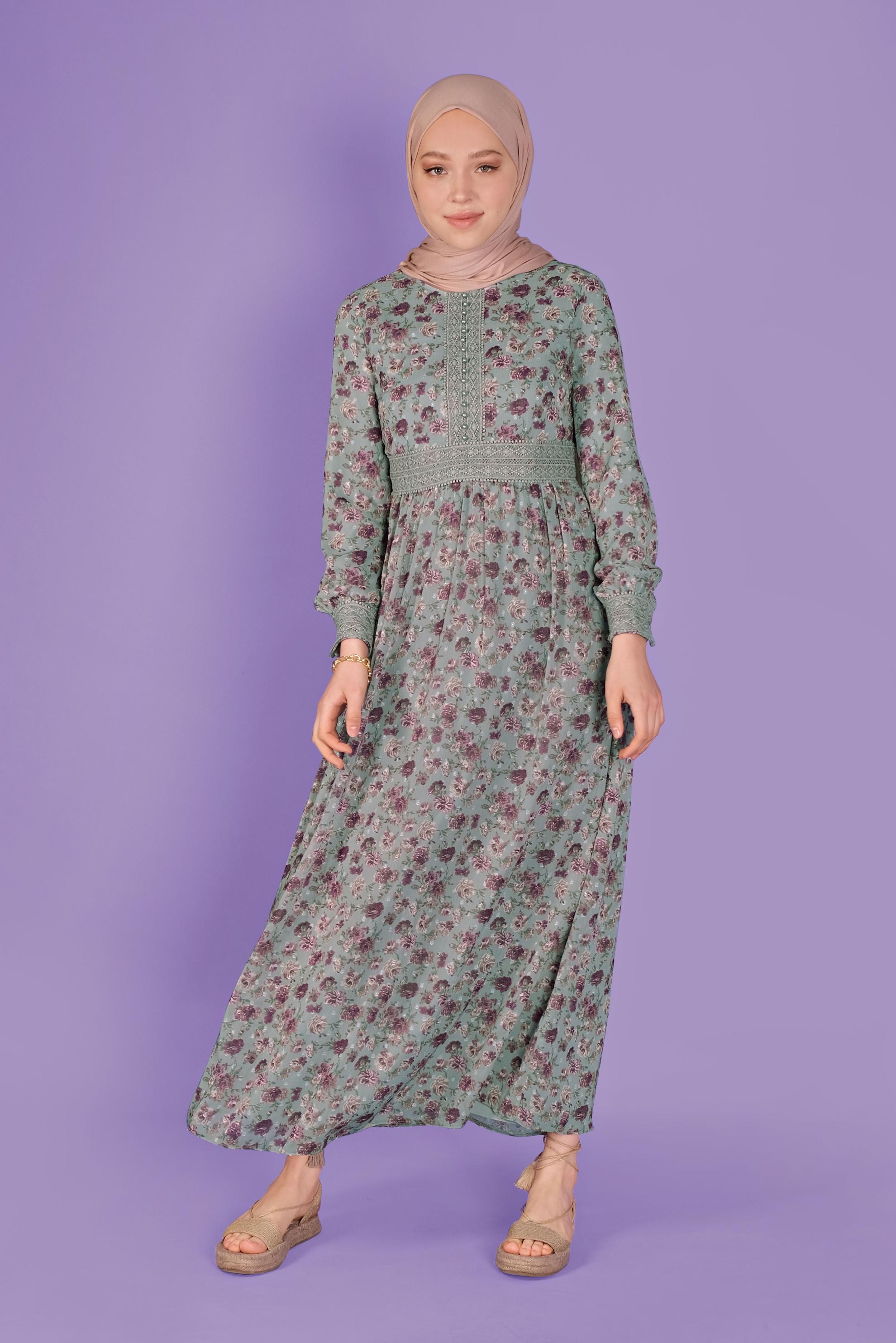 Tesettür giyim GRİ DANTEL DETAYLI EMPİRME KESME ŞİFON ELBİSE 41555