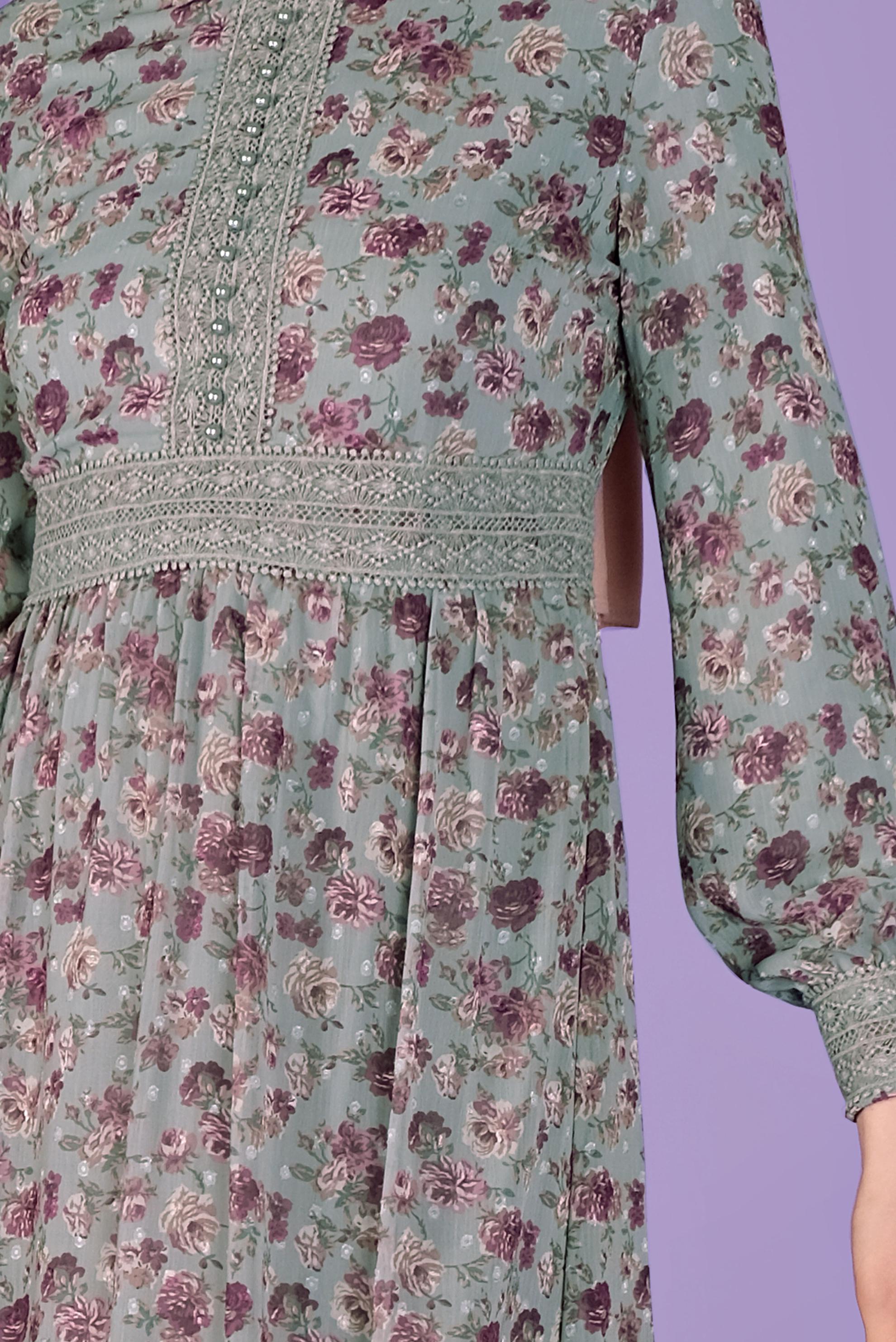 Tesettür giyim GRİ DANTEL DETAYLI EMPİRME KESME ŞİFON ELBİSE 41555