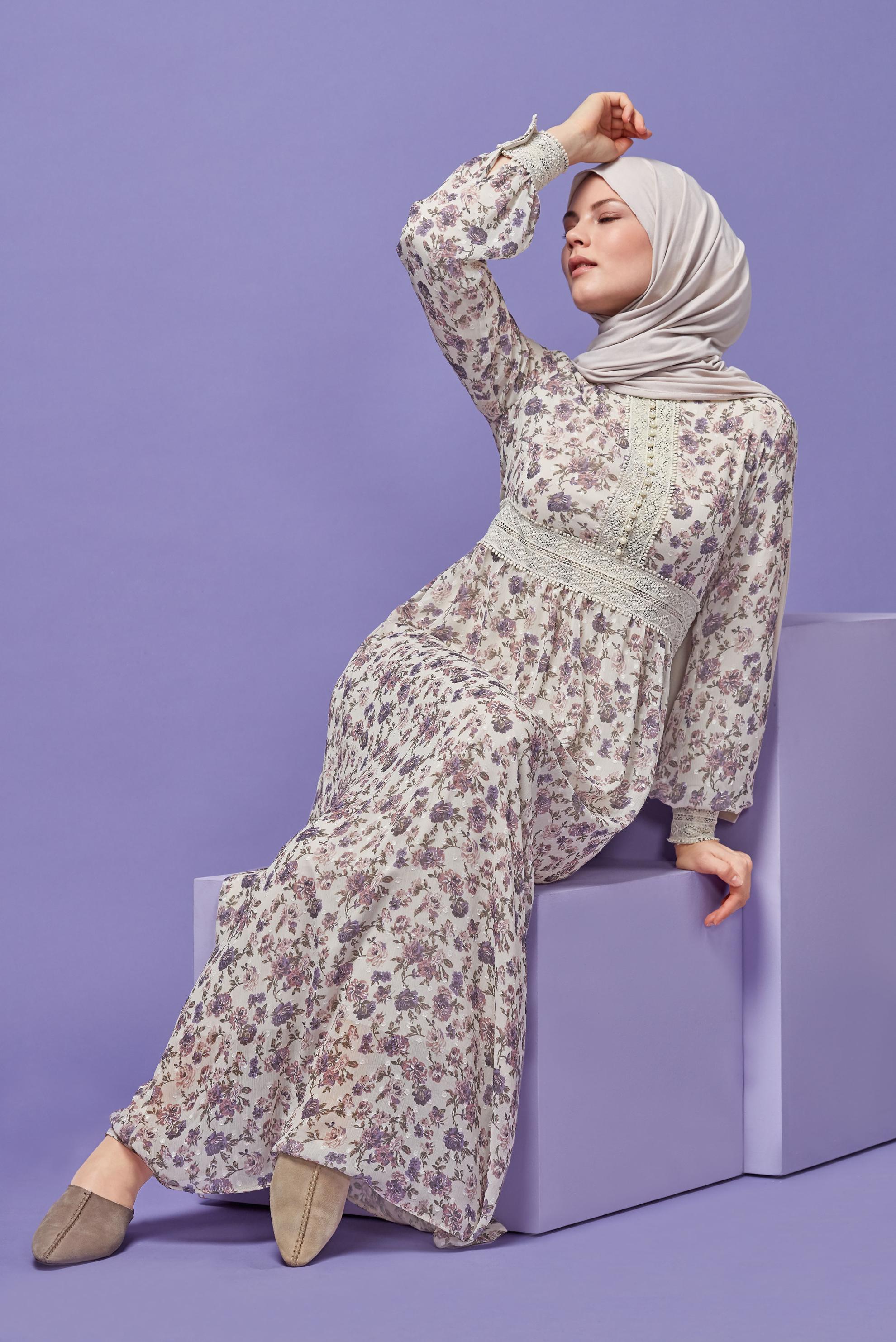 Tesettür giyim MOR DANTEL DETAYLI EMPİRME KESME ŞİFON ELBİSE 41555