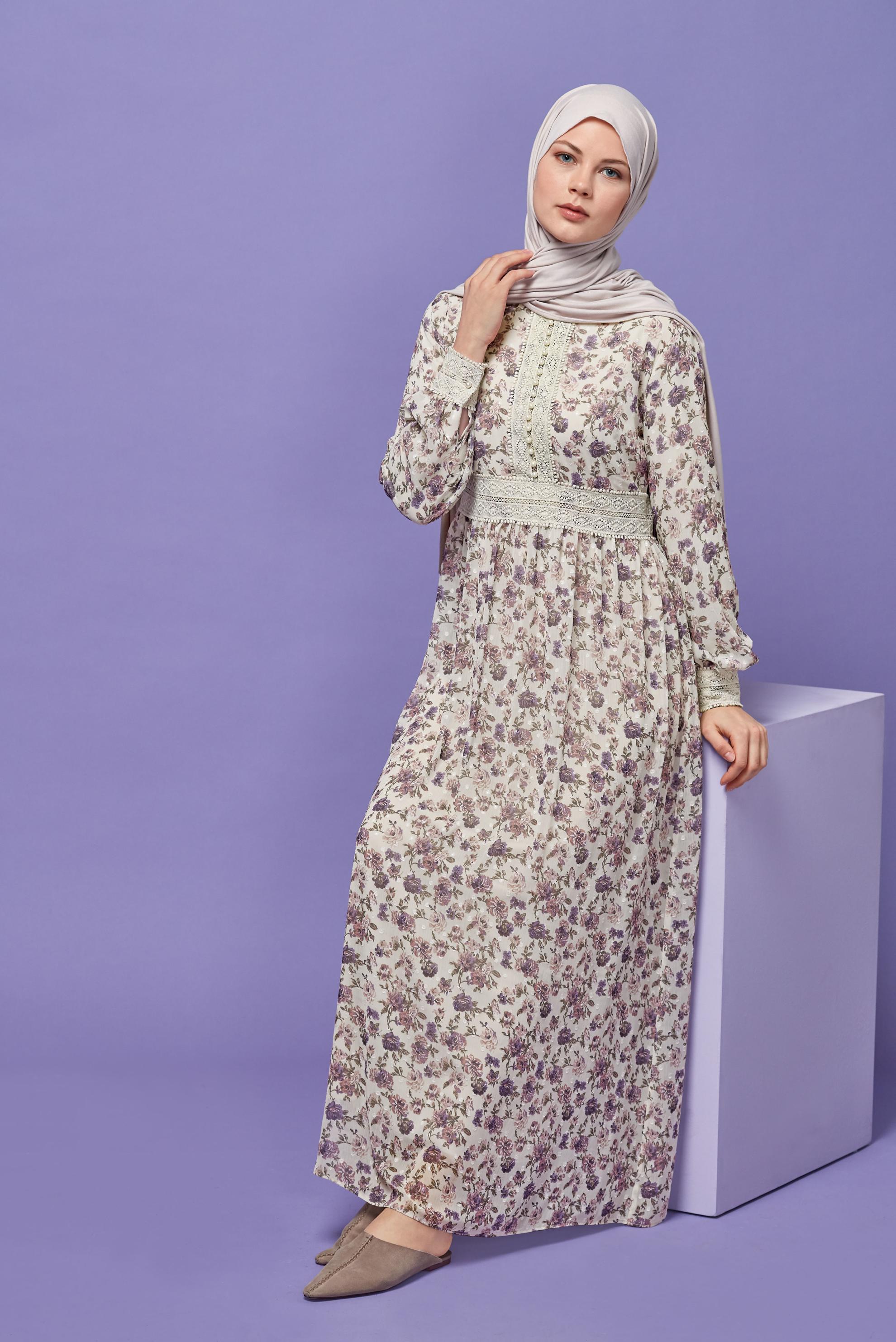 Tesettür giyim MOR DANTEL DETAYLI EMPİRME KESME ŞİFON ELBİSE 41555