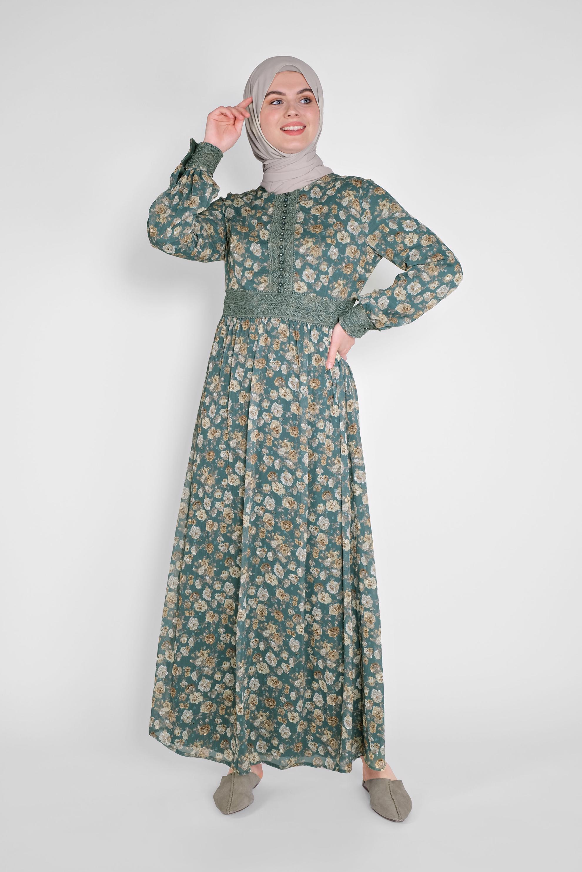 Tesettür giyim MAVİ DANTEL DETAYLI EMPİRME KESME ŞİFON ELBİSE 41555