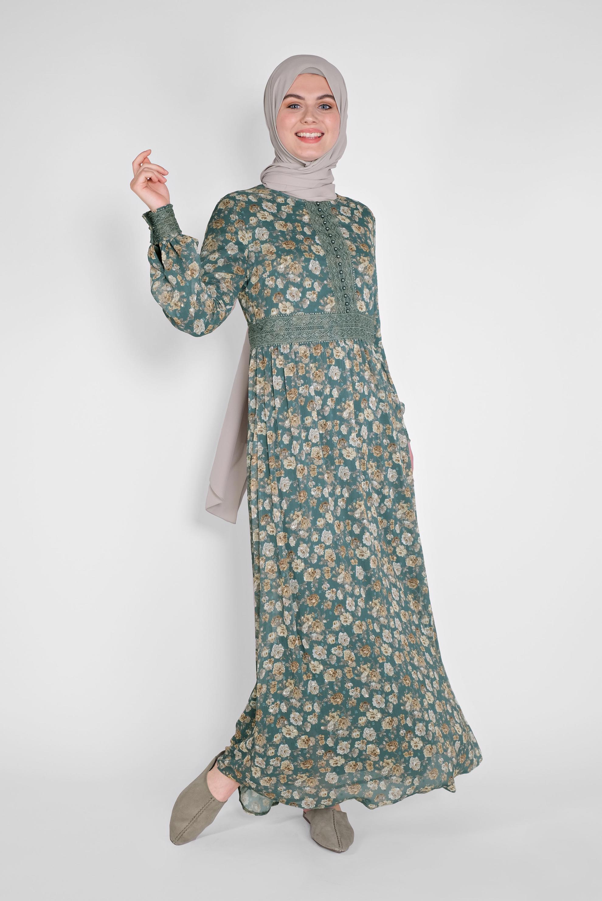 Tesettür giyim MAVİ DANTEL DETAYLI EMPİRME KESME ŞİFON ELBİSE 41555