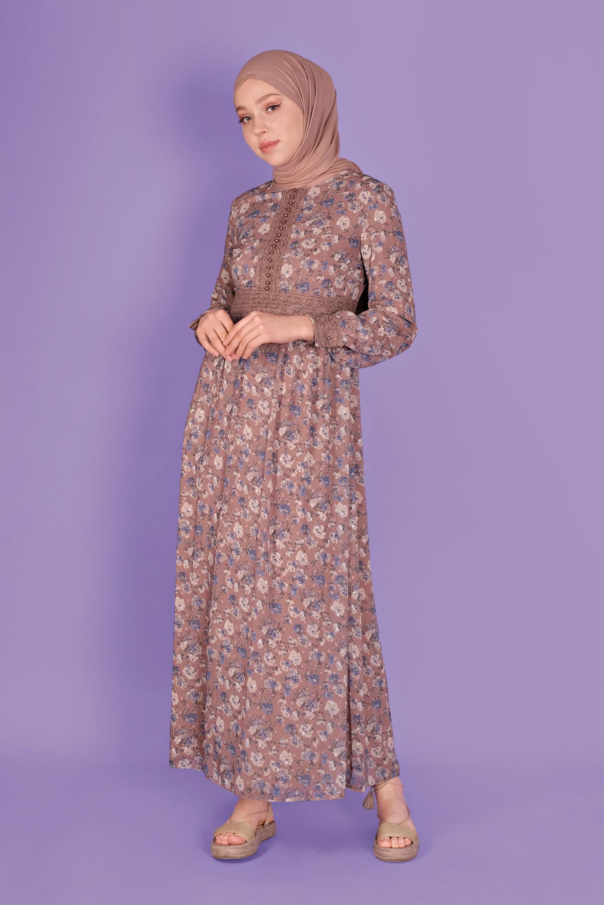 Tesettür giyim VİZON DANTEL DETAYLI EMPİRME KESME ŞİFON ELBİSE 41555