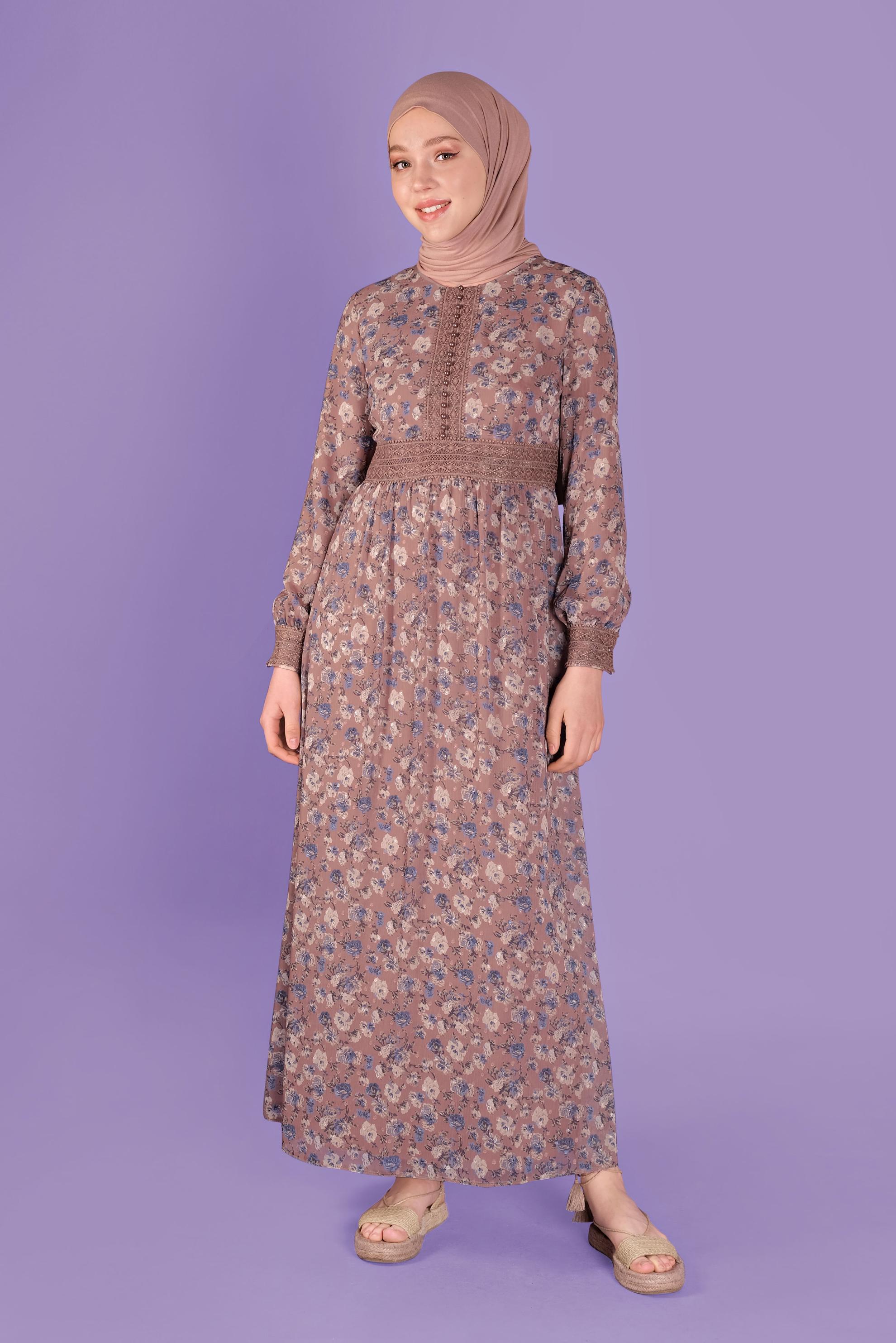 Tesettür giyim VİZON DANTEL DETAYLI EMPİRME KESME ŞİFON ELBİSE 41555