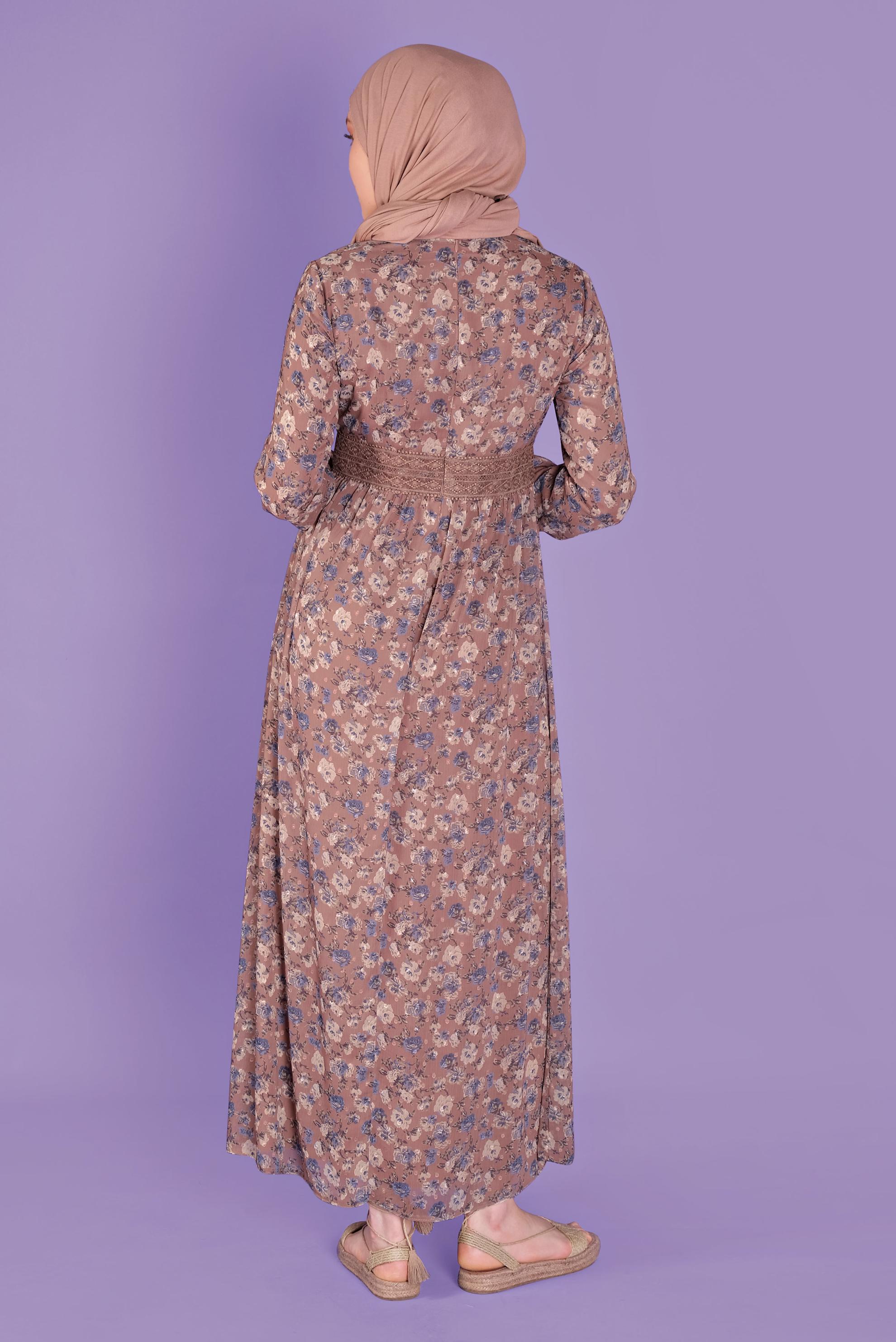 Tesettür giyim VİZON DANTEL DETAYLI EMPİRME KESME ŞİFON ELBİSE 41555