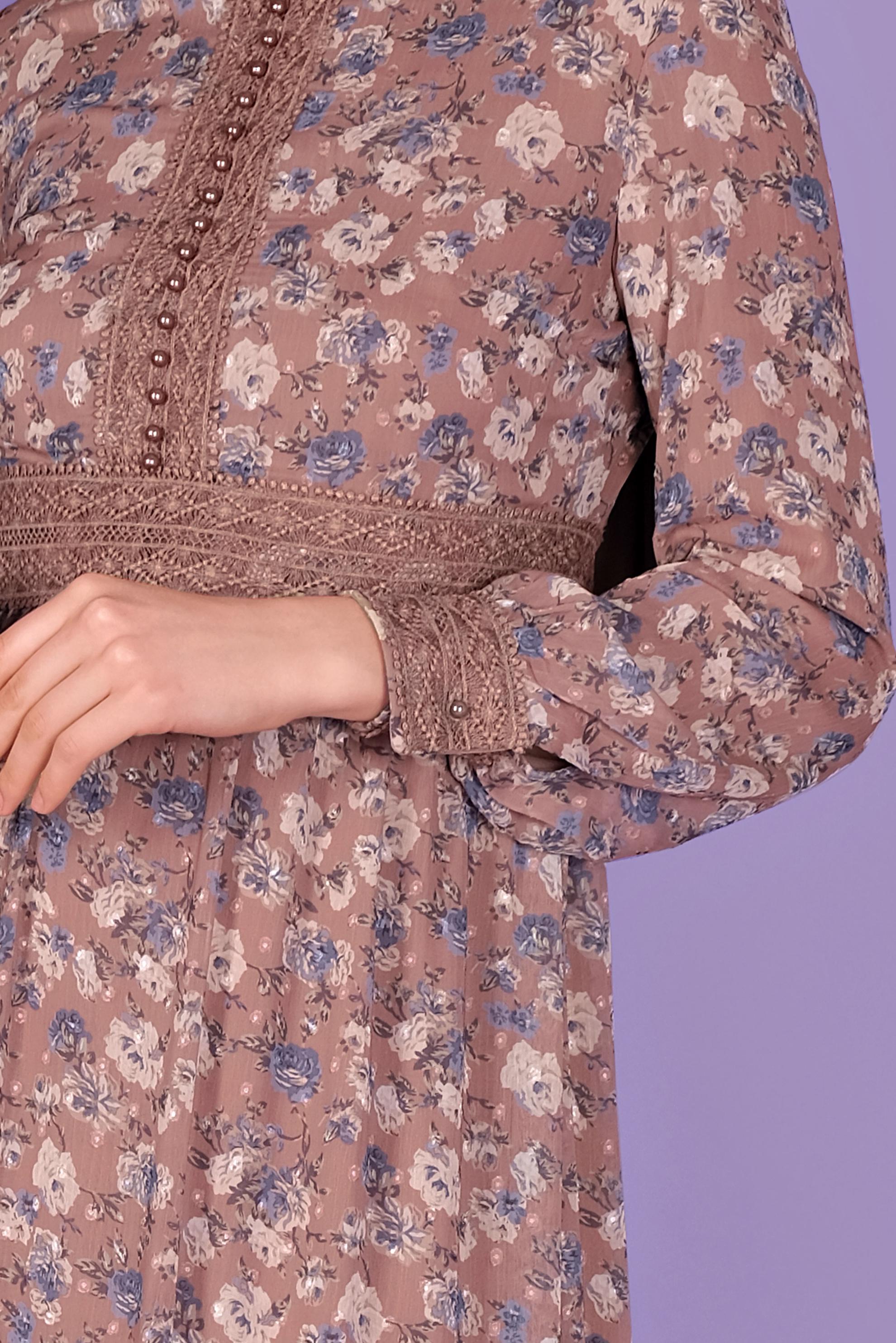 Tesettür giyim VİZON DANTEL DETAYLI EMPİRME KESME ŞİFON ELBİSE 41555