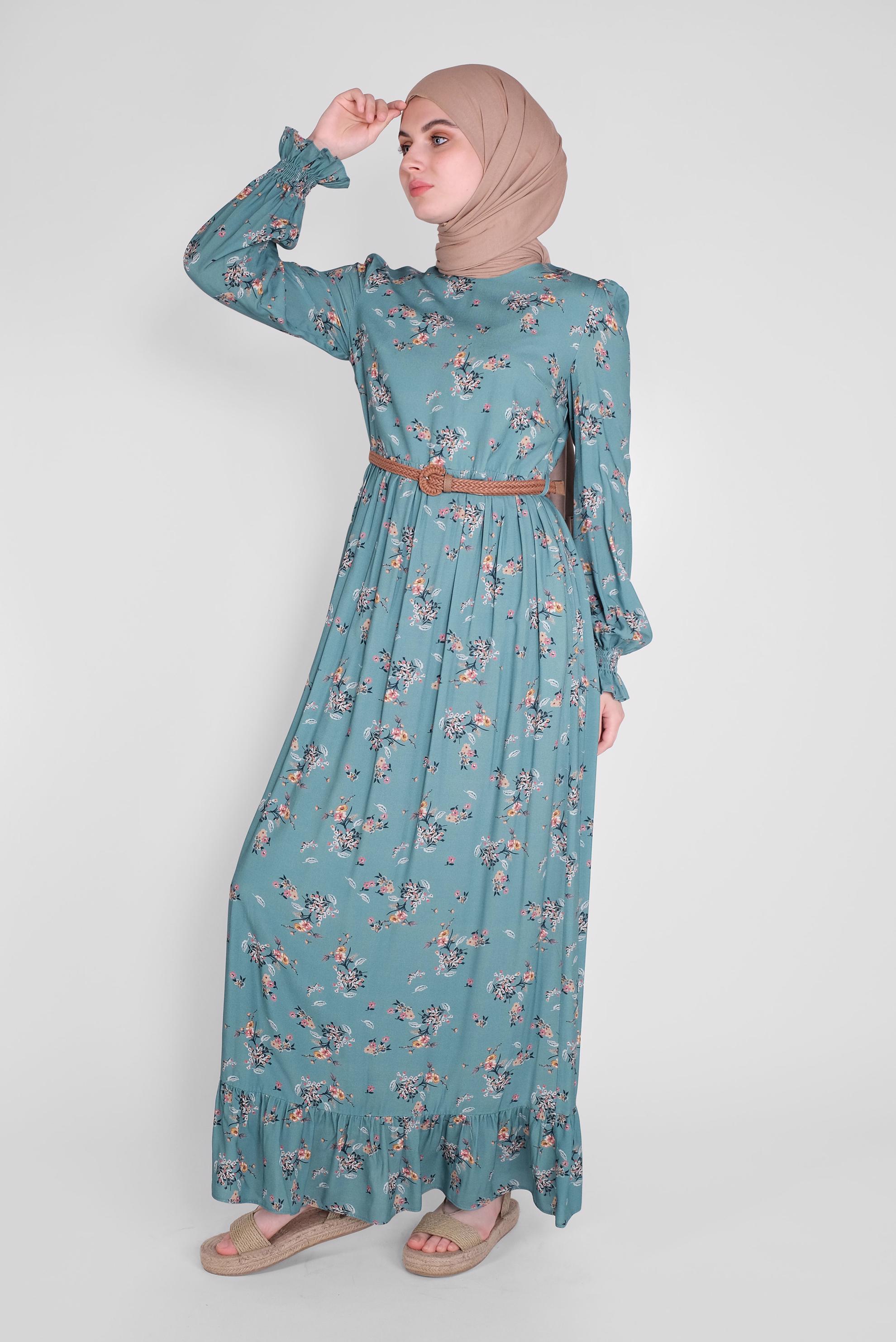 Tesettür giyim MAVİ MANŞETLERİ LASTİKLİ ÇİÇEKLİ ELBİSE  41567 