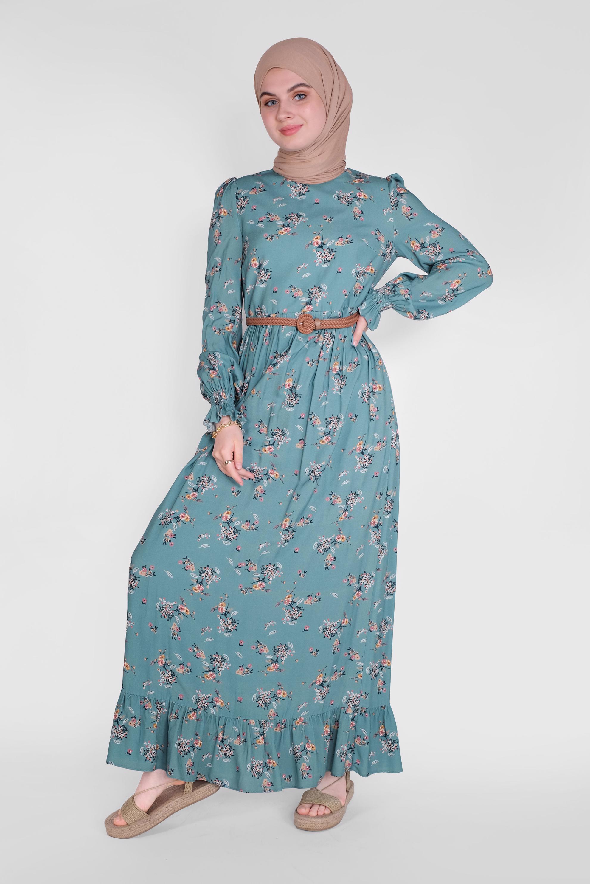 Tesettür giyim MAVİ MANŞETLERİ LASTİKLİ ÇİÇEKLİ ELBİSE  41567 