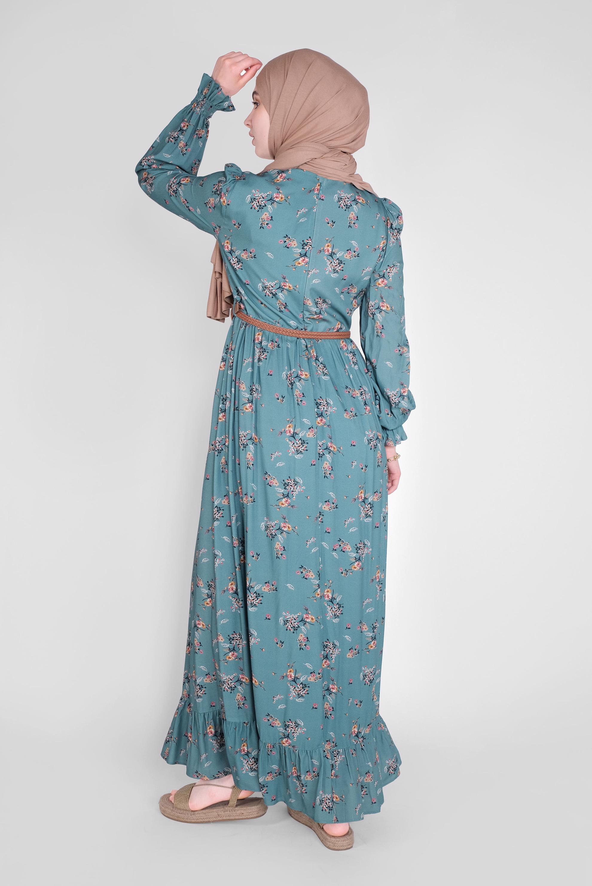 Tesettür giyim MAVİ MANŞETLERİ LASTİKLİ ÇİÇEKLİ ELBİSE  41567 