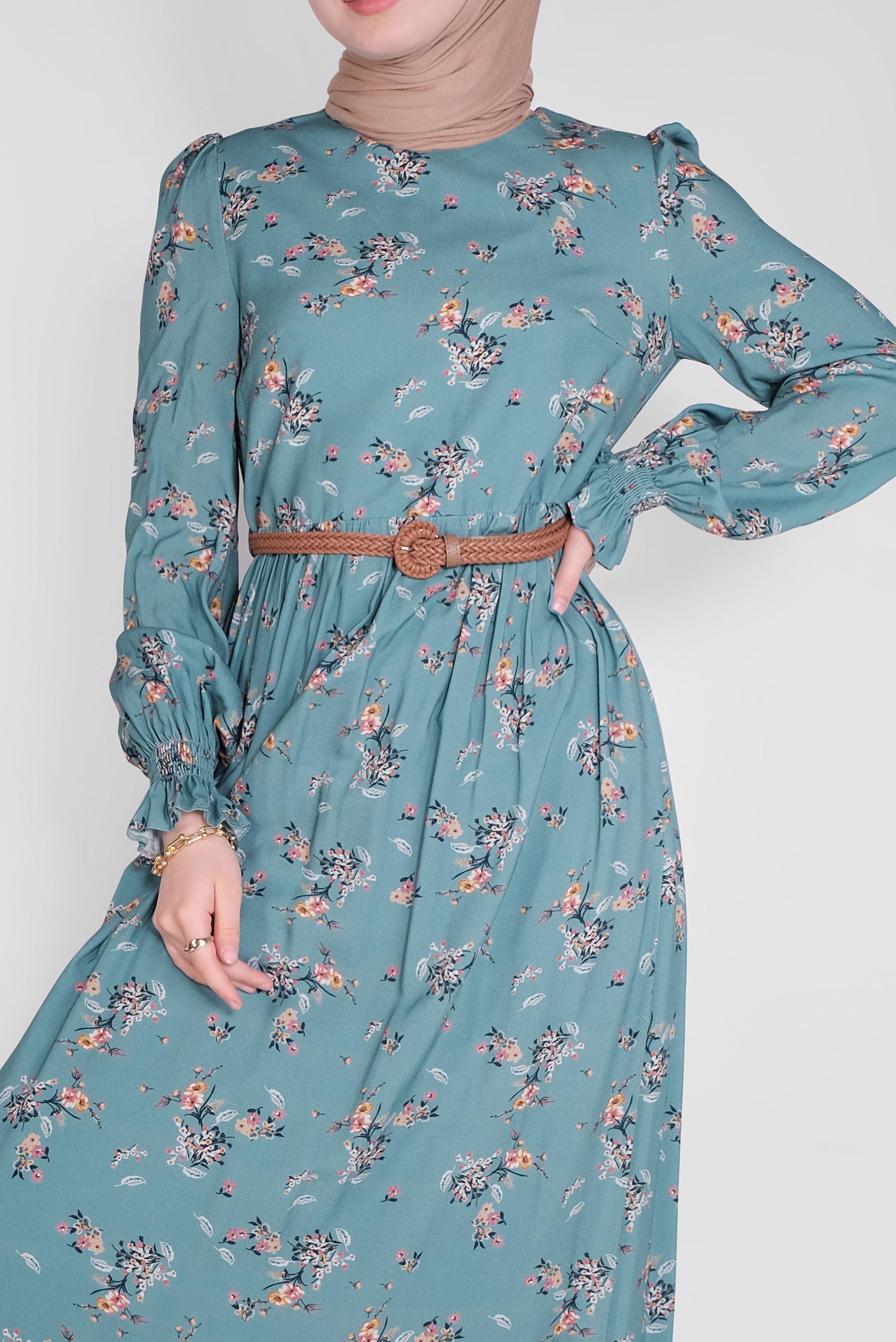 Tesettür giyim MAVİ MANŞETLERİ LASTİKLİ ÇİÇEKLİ ELBİSE  41567 