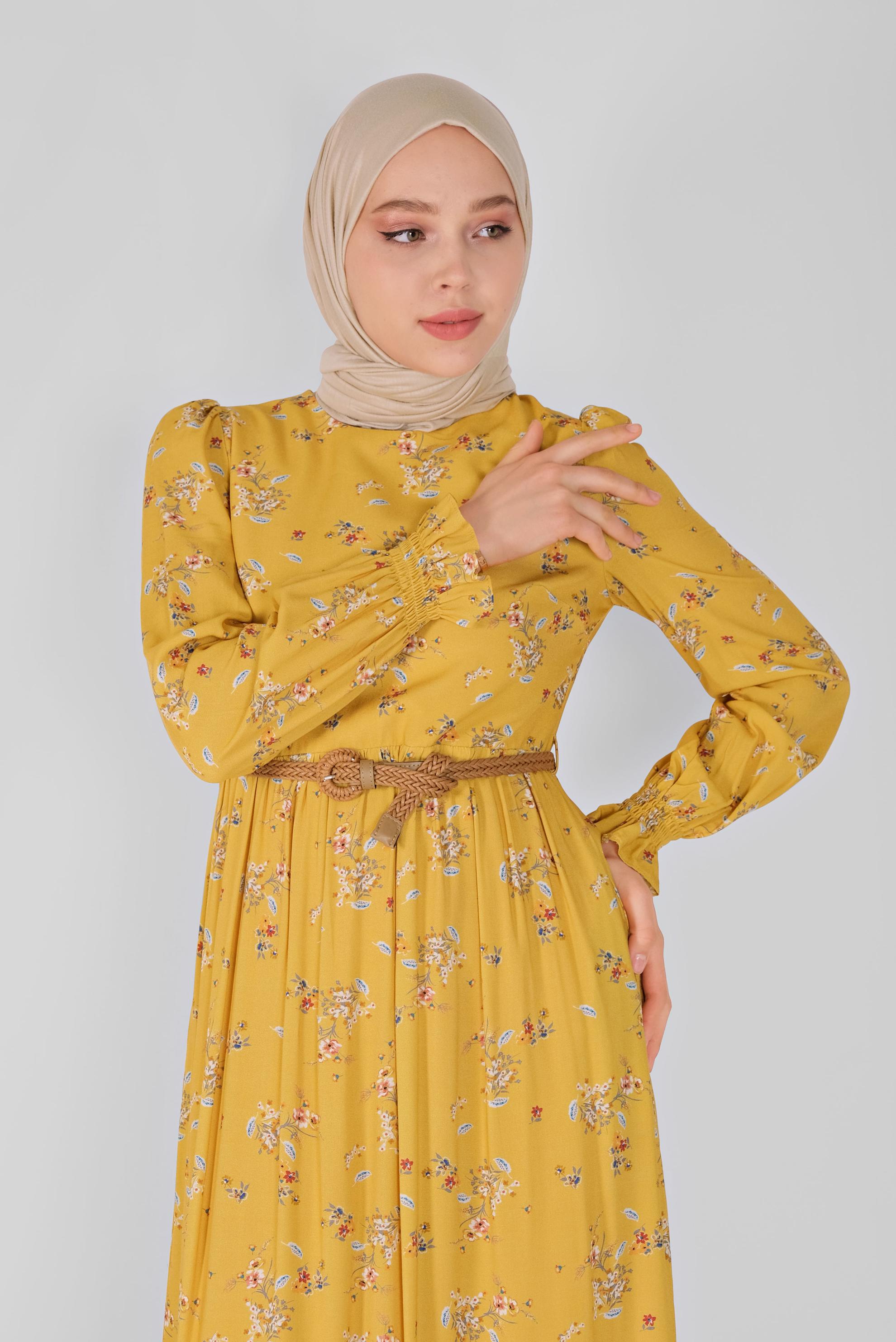 Tesettür giyim SARI MANŞETLERİ LASTİKLİ ÇİÇEKLİ ELBİSE  41567 