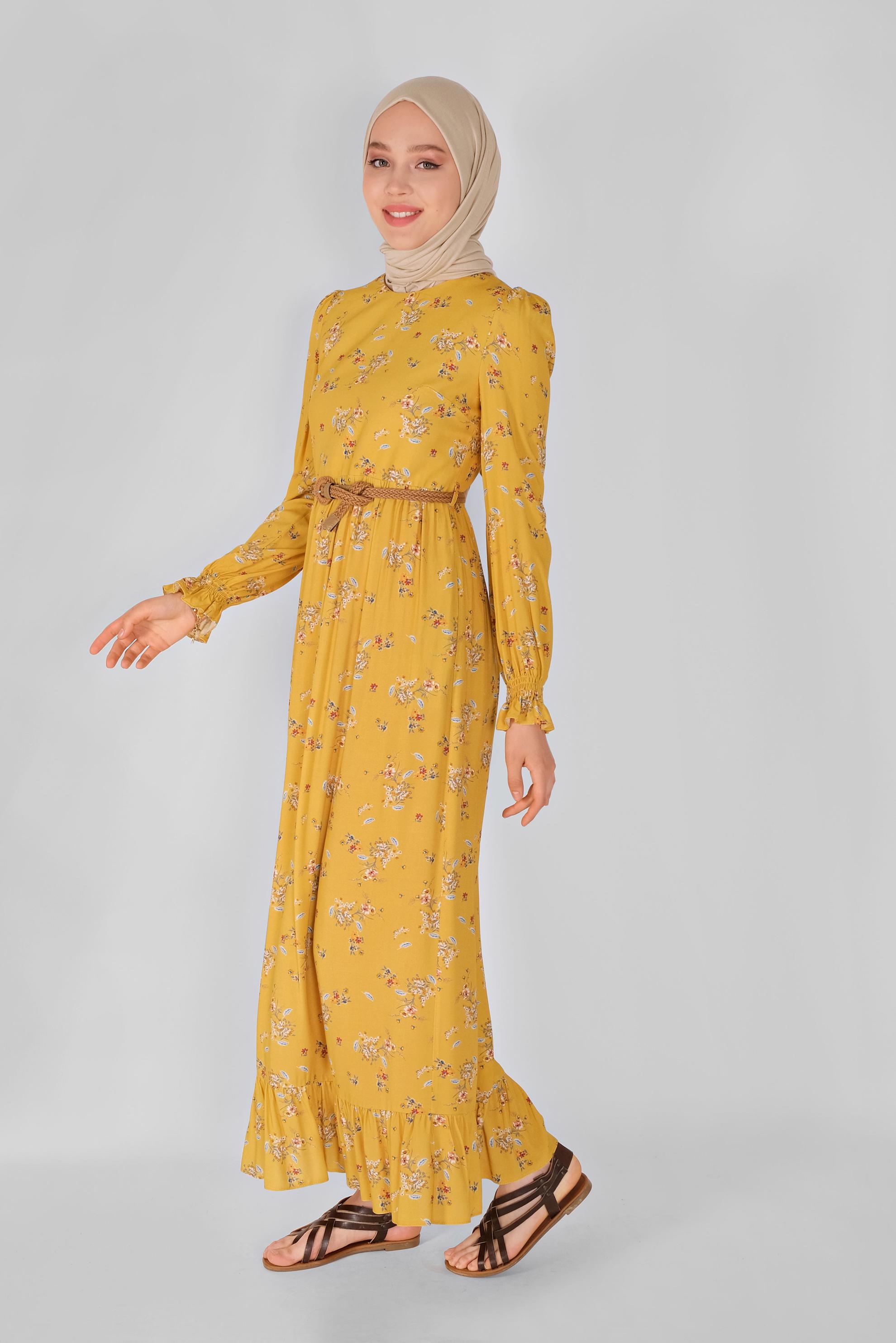 Tesettür giyim SARI MANŞETLERİ LASTİKLİ ÇİÇEKLİ ELBİSE  41567 