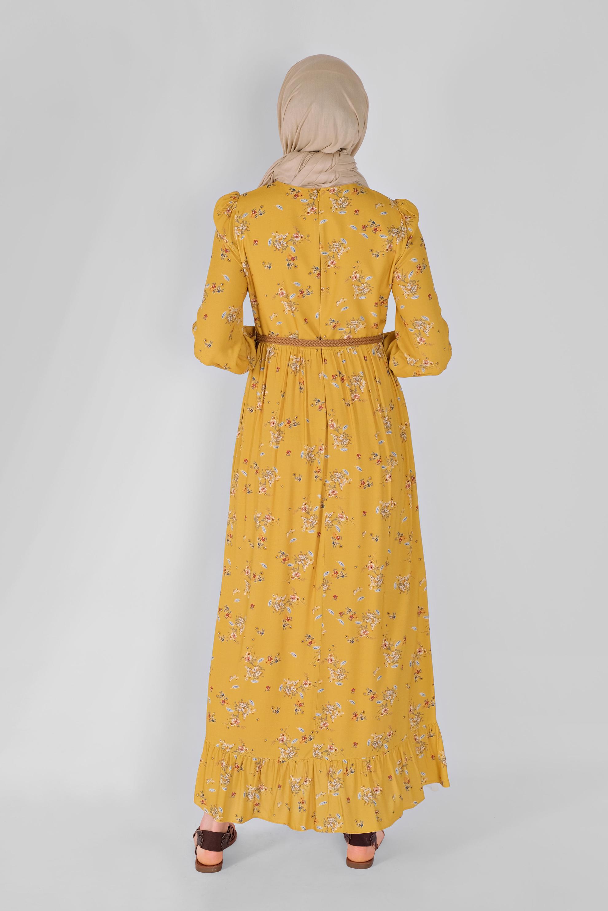 Tesettür giyim SARI MANŞETLERİ LASTİKLİ ÇİÇEKLİ ELBİSE  41567 
