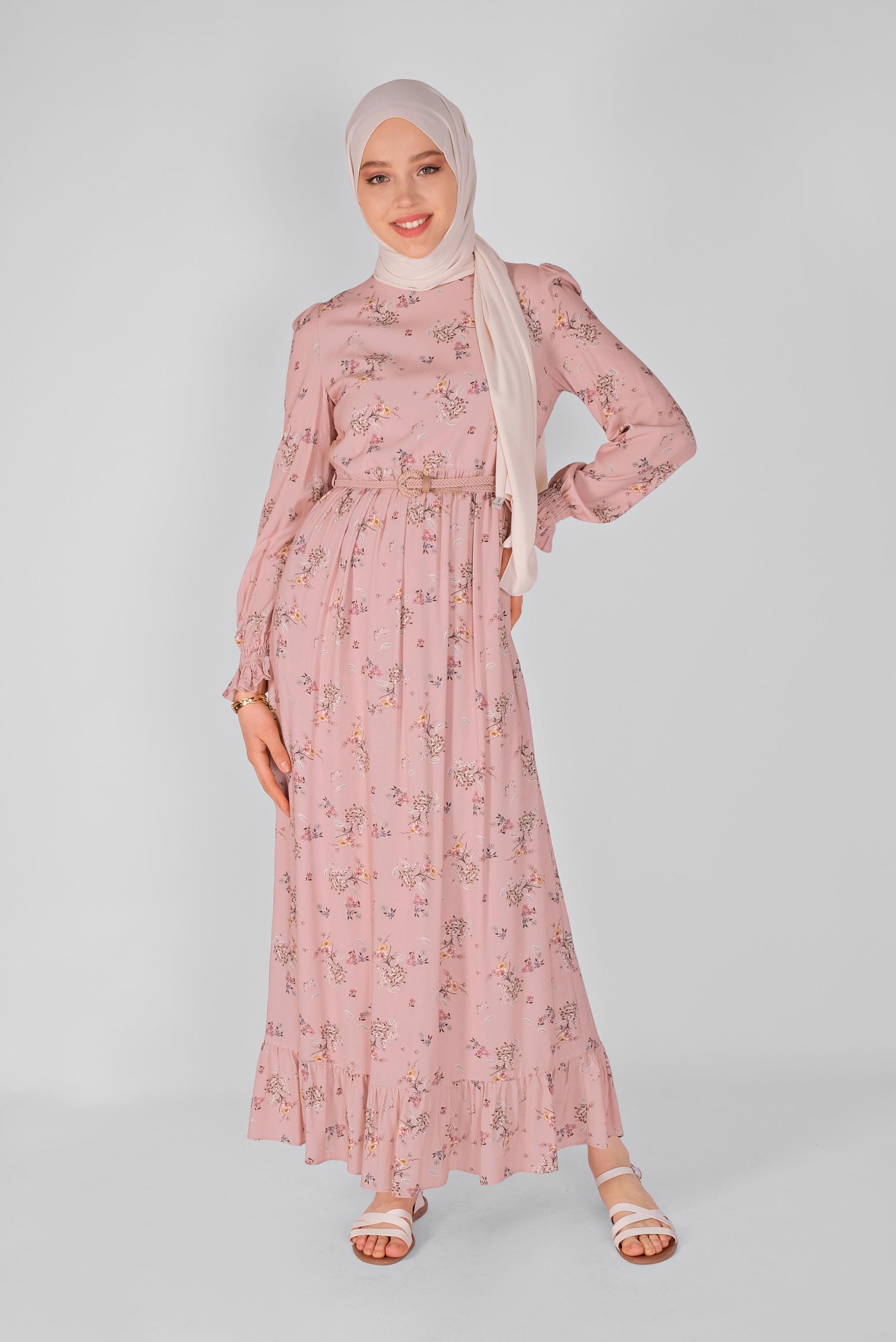 Tesettür giyim PUDRA MANŞETLERİ LASTİKLİ ÇİÇEKLİ ELBİSE  41567 
