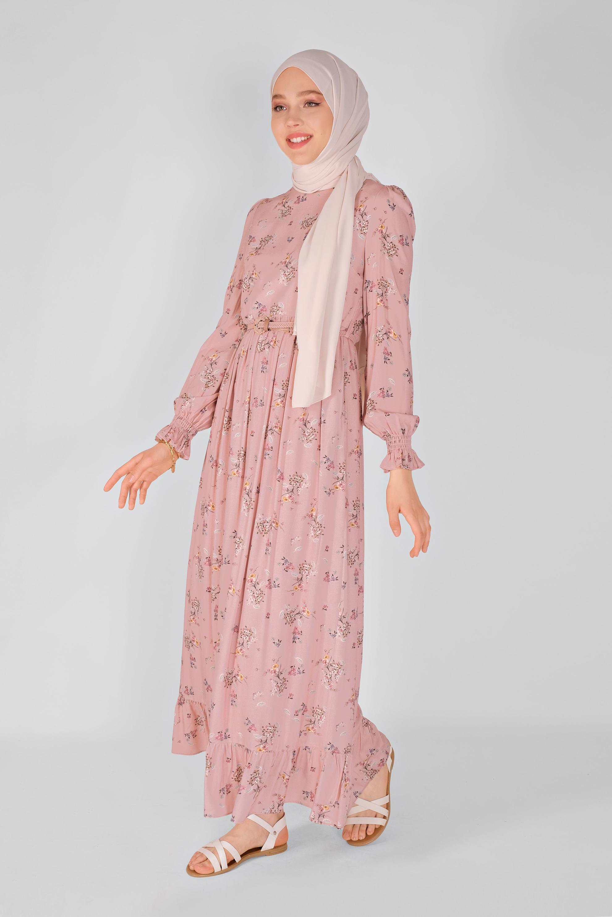 Tesettür giyim PUDRA MANŞETLERİ LASTİKLİ ÇİÇEKLİ ELBİSE  41567 