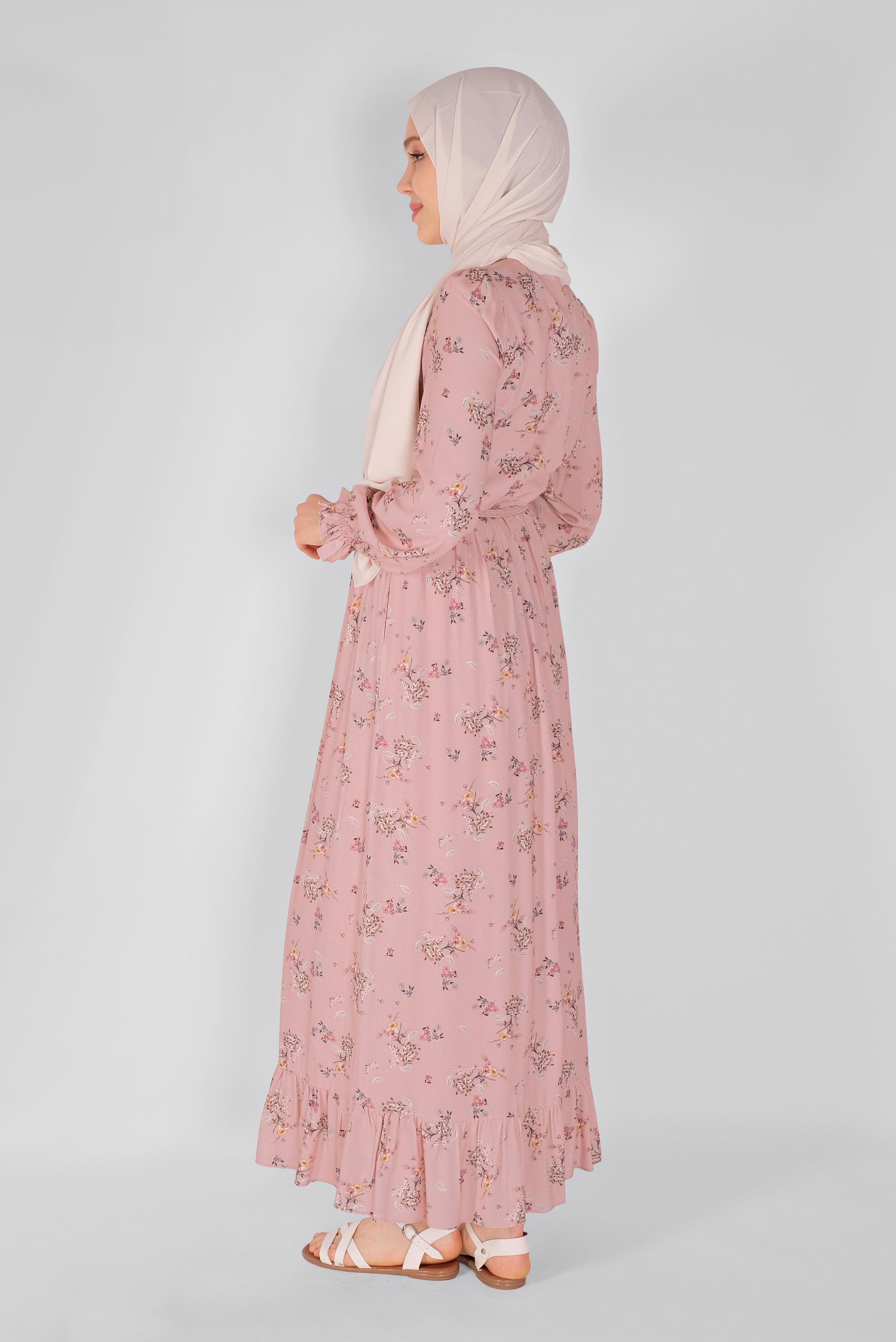 Tesettür giyim PUDRA MANŞETLERİ LASTİKLİ ÇİÇEKLİ ELBİSE  41567 