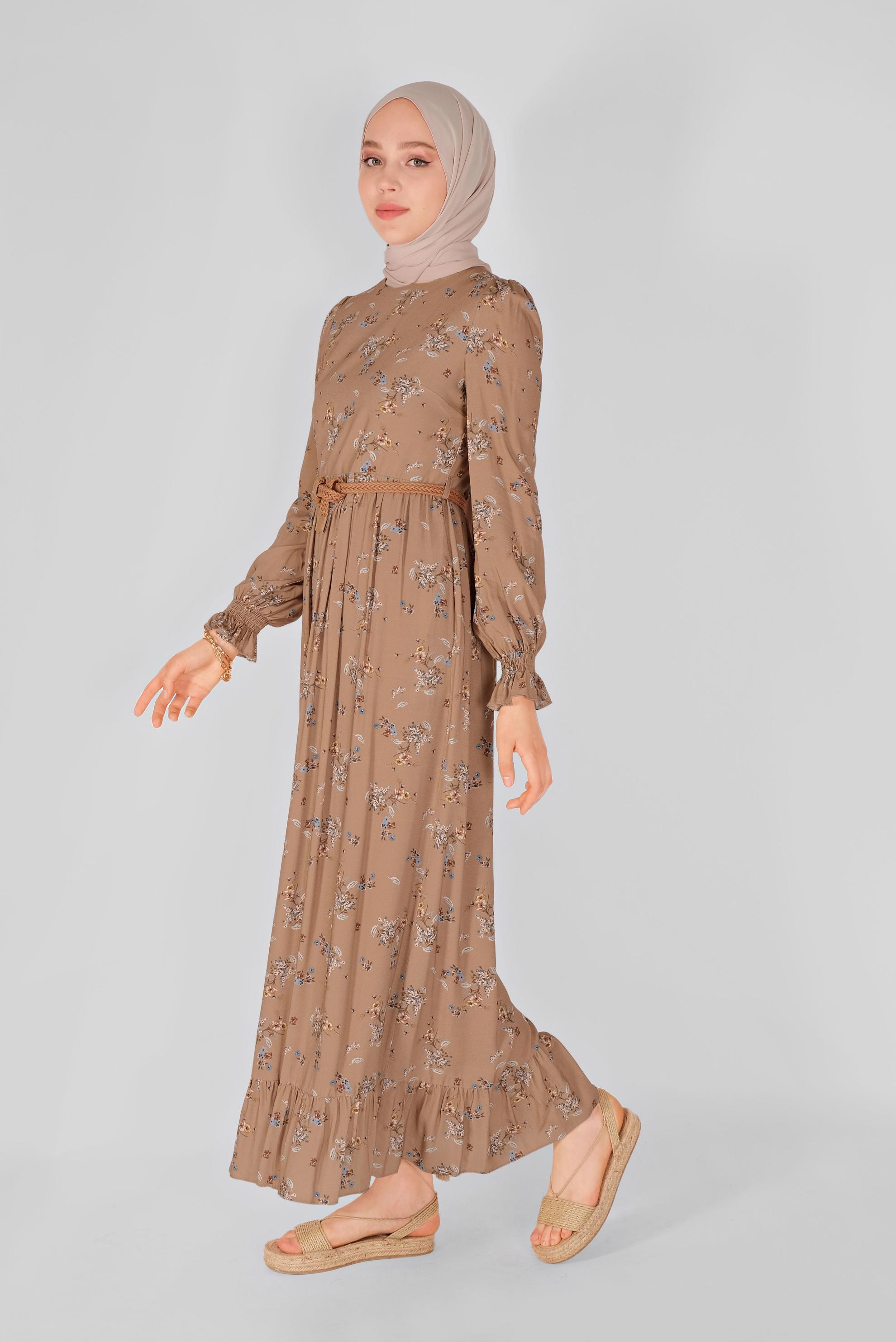 Tesettür giyim VİZON MANŞETLERİ LASTİKLİ ÇİÇEKLİ ELBİSE  41567 