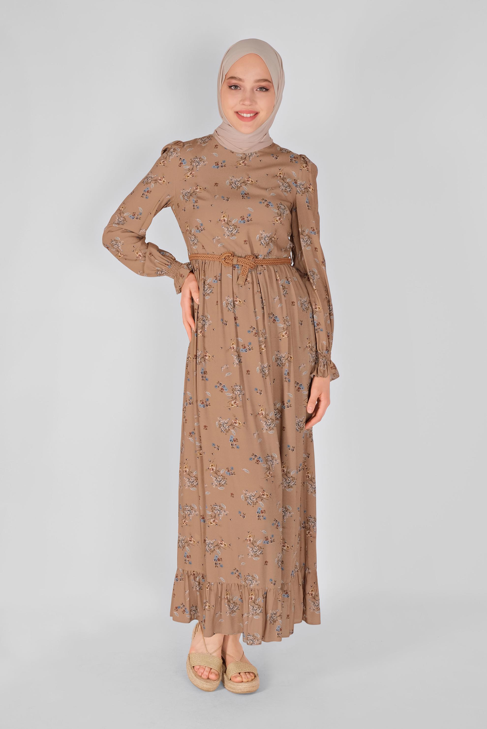 Tesettür giyim VİZON MANŞETLERİ LASTİKLİ ÇİÇEKLİ ELBİSE  41567 