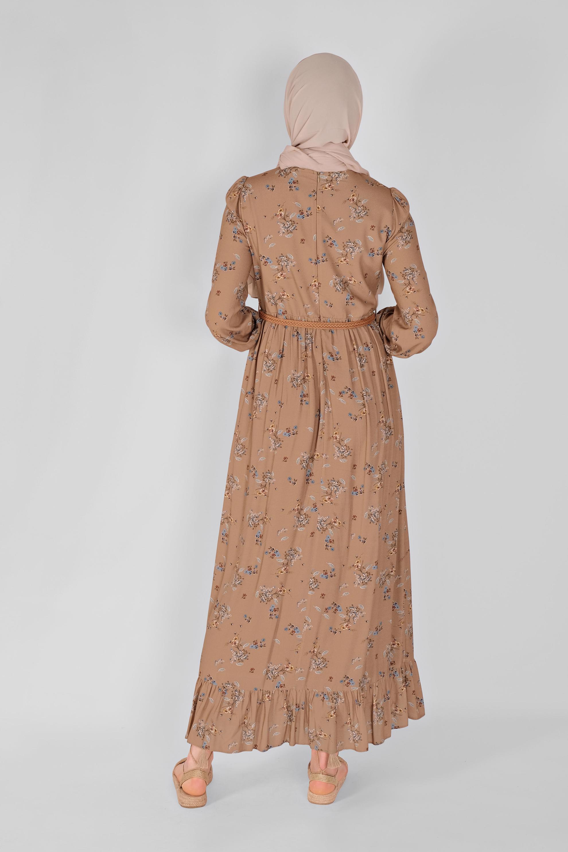 Tesettür giyim VİZON MANŞETLERİ LASTİKLİ ÇİÇEKLİ ELBİSE  41567 