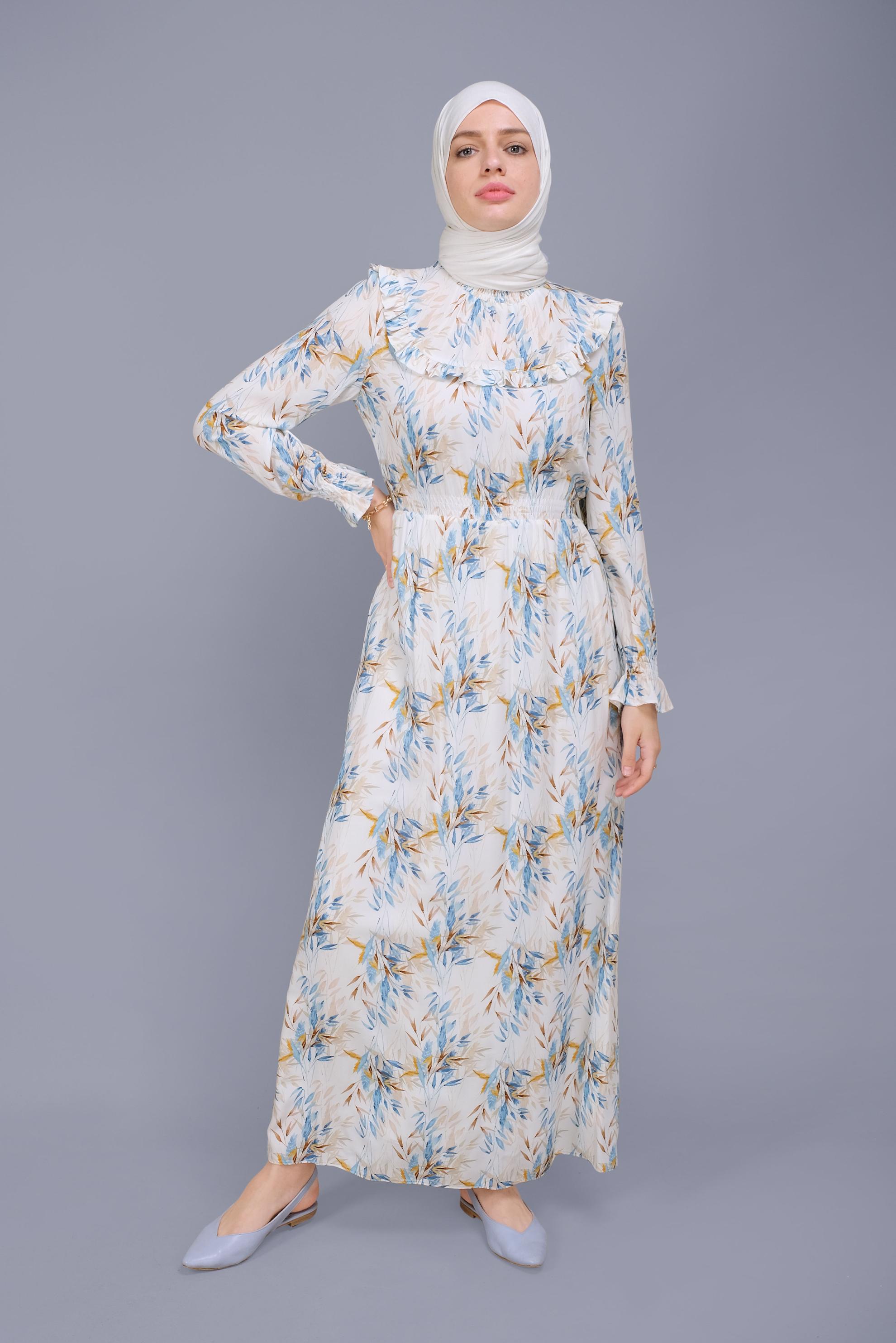 Tesettür giyim MAVİ FIRFIRLI DESENLİ ELBİSE 41590 