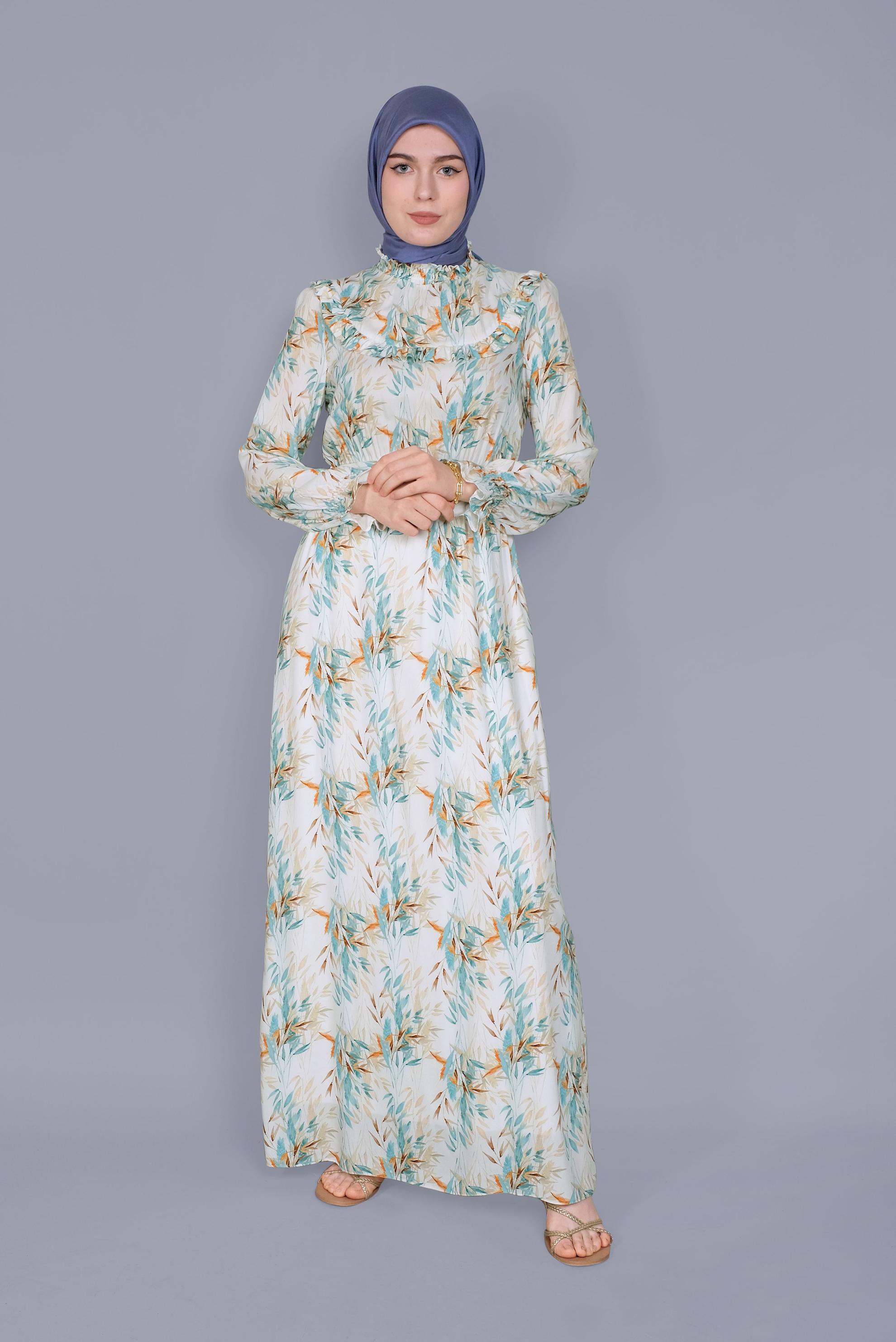 Tesettür giyim YEŞİL FIRFIRLI DESENLİ ELBİSE 41590 