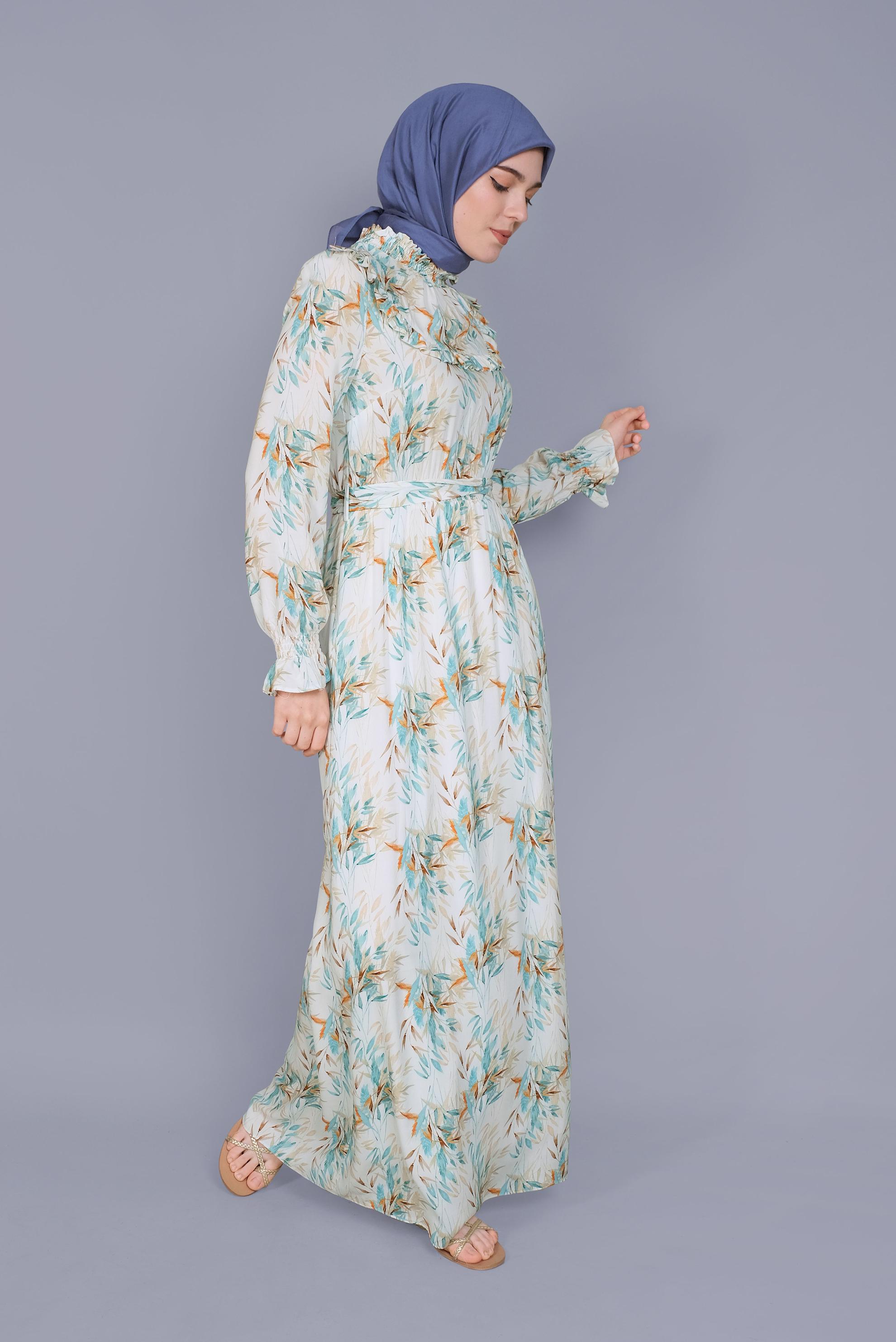 Tesettür giyim YEŞİL FIRFIRLI DESENLİ ELBİSE 41590 