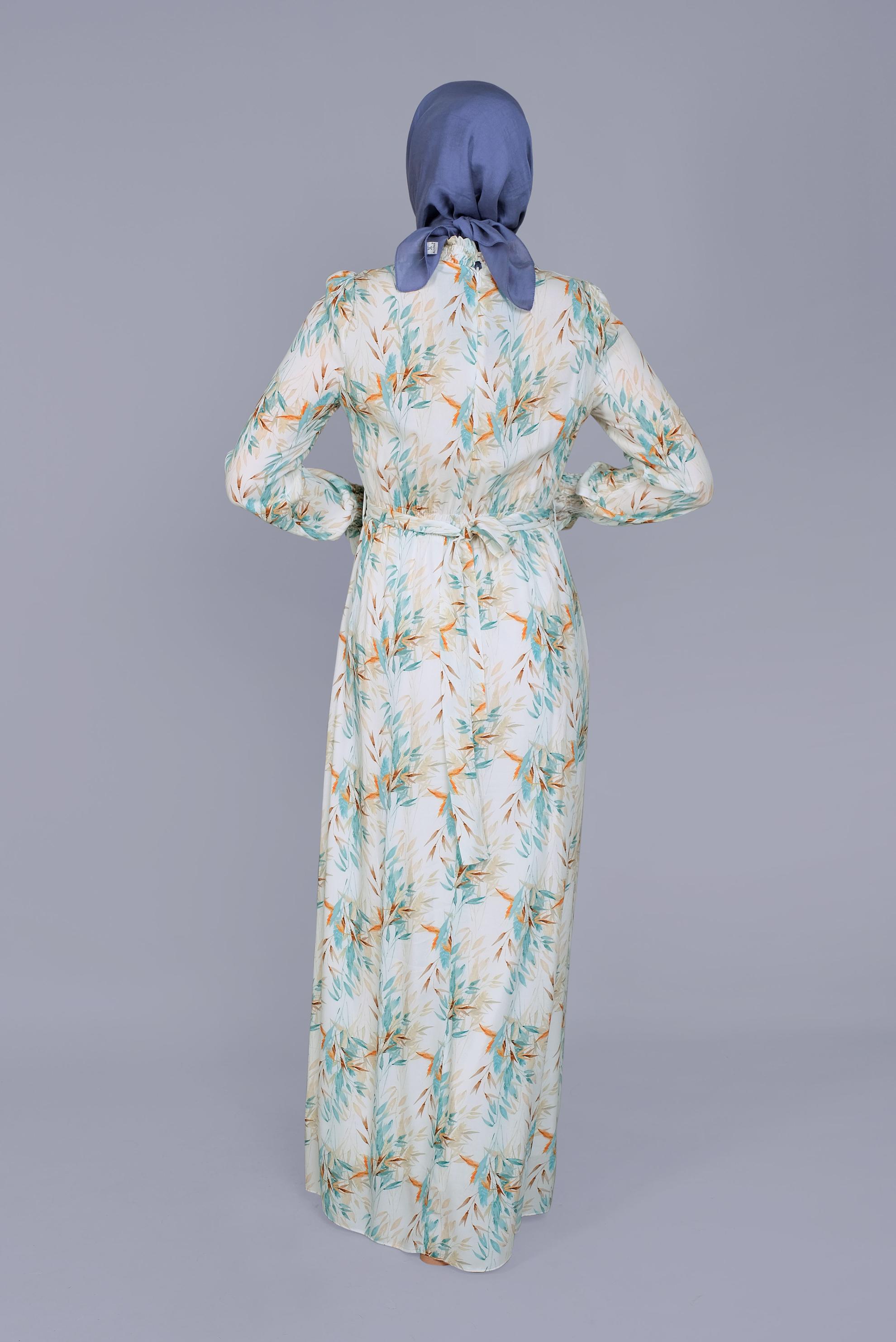 Tesettür giyim YEŞİL FIRFIRLI DESENLİ ELBİSE 41590 