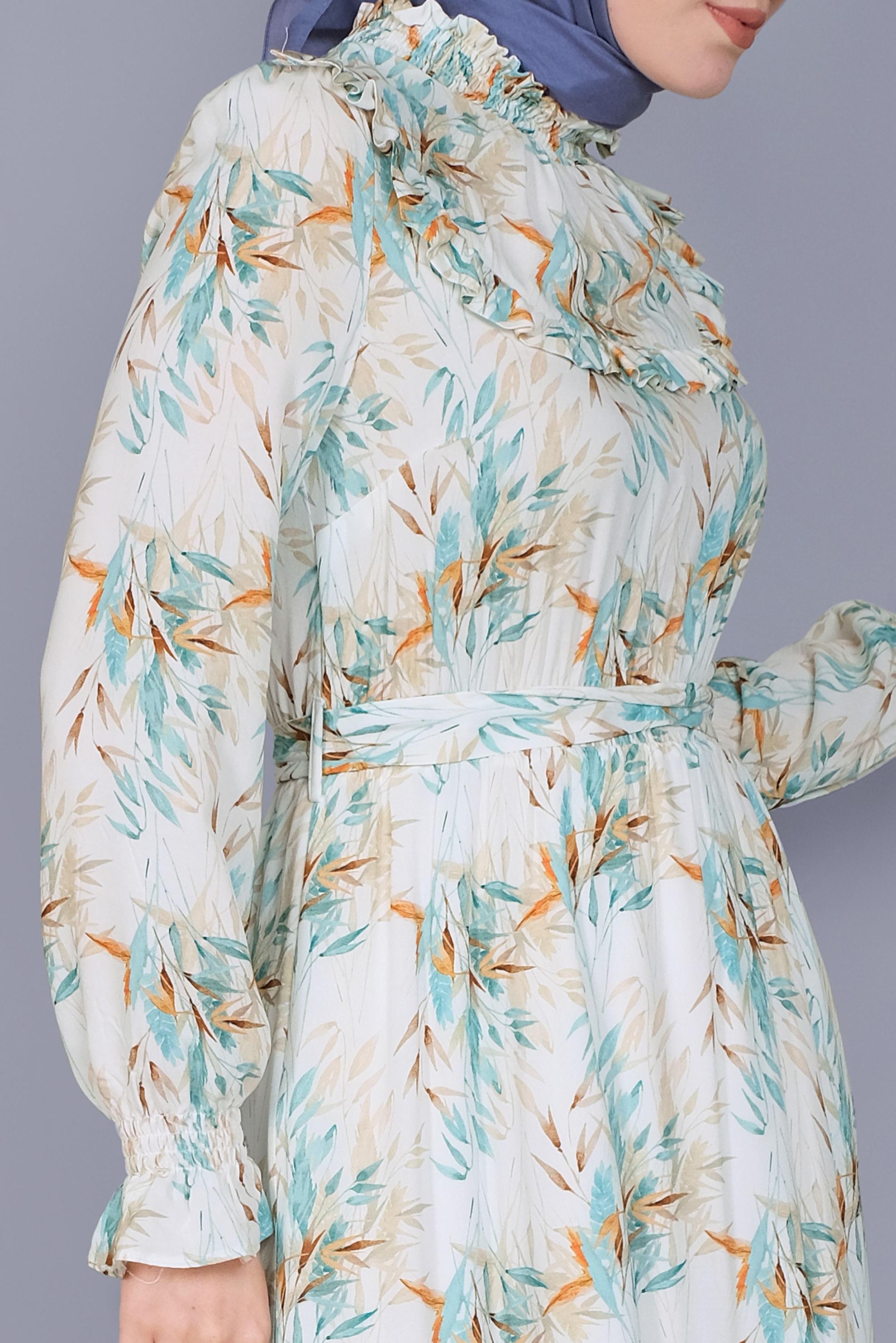 Tesettür giyim YEŞİL FIRFIRLI DESENLİ ELBİSE 41590 