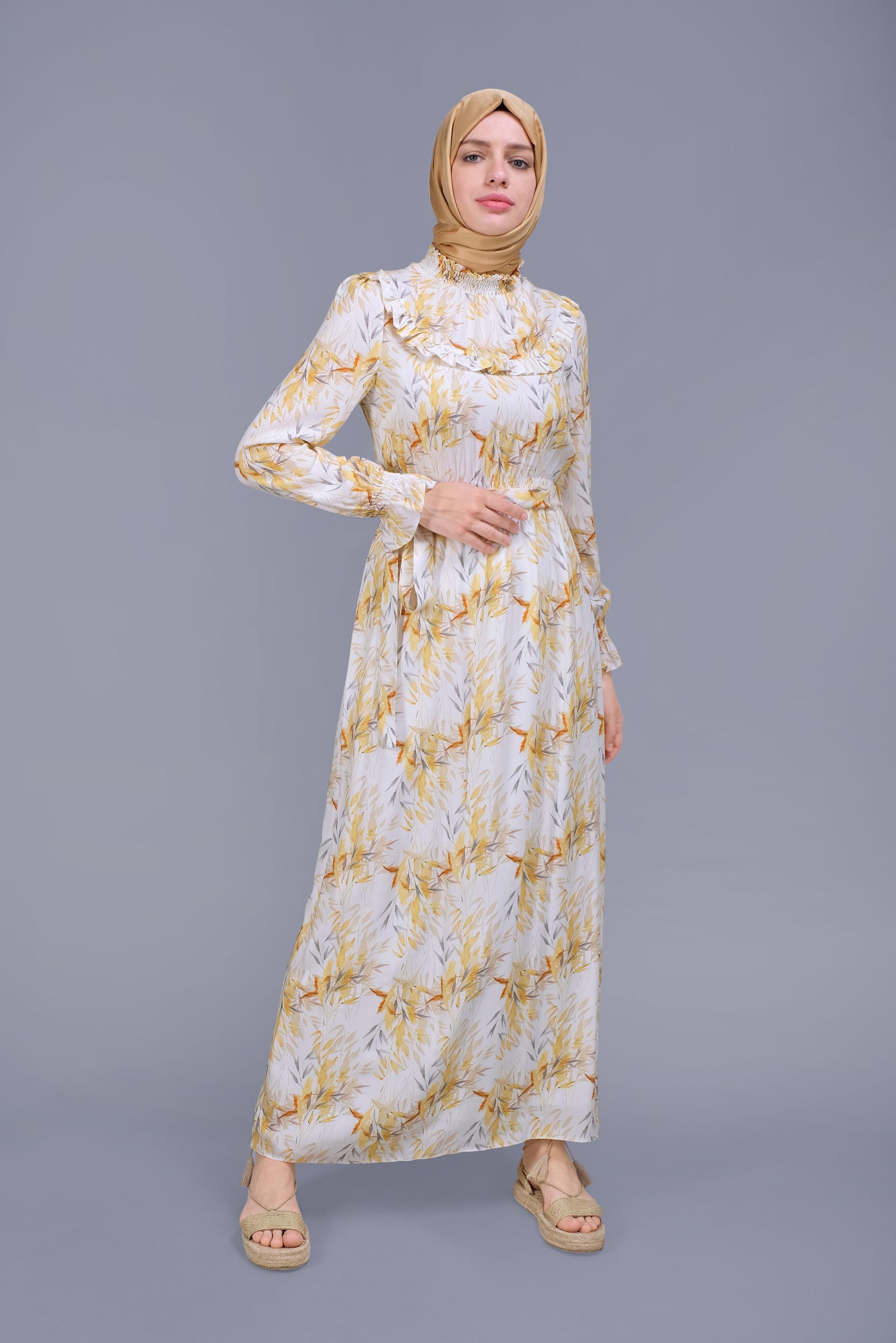 Tesettür giyim SARI FIRFIRLI DESENLİ ELBİSE 41590 