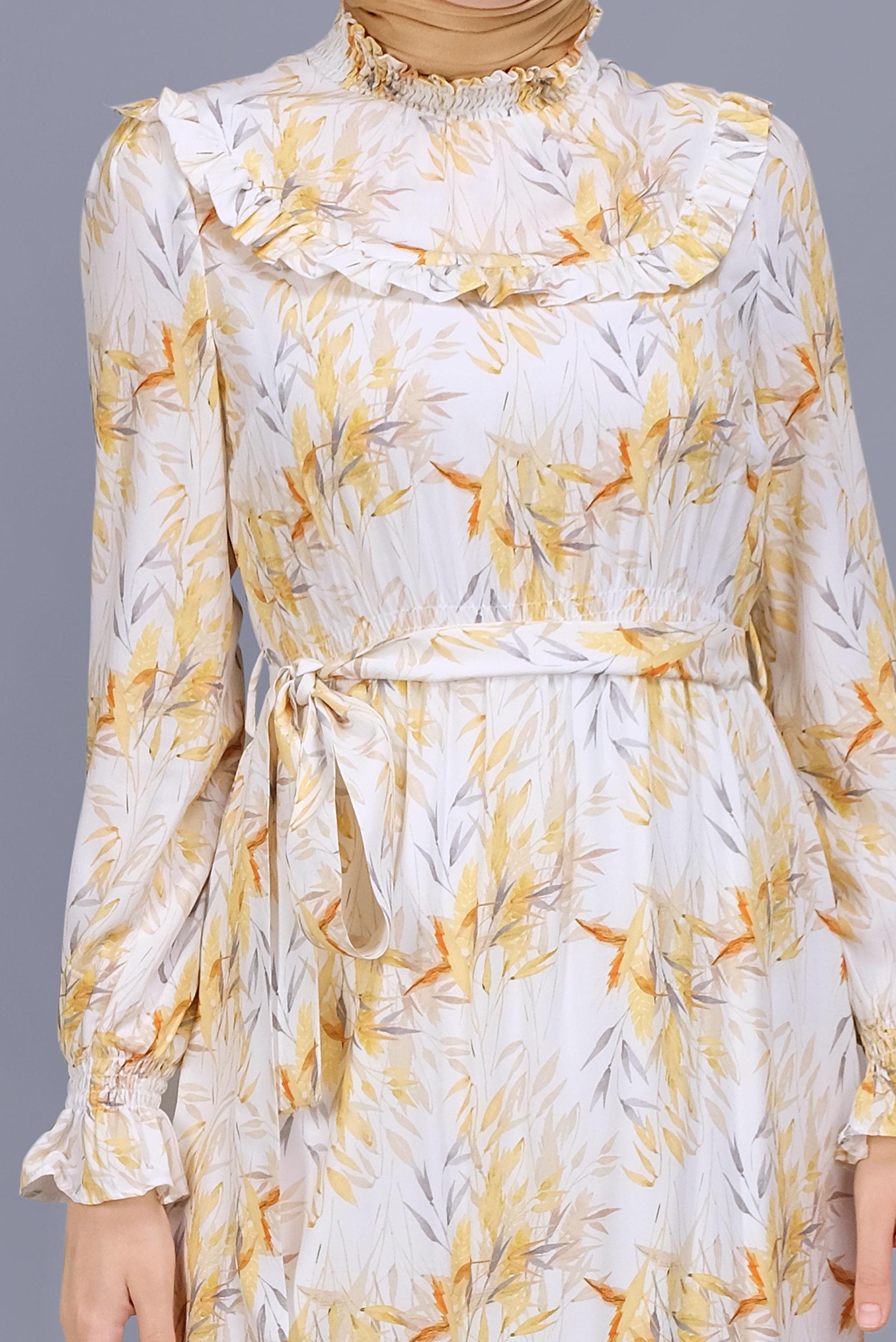 Tesettür giyim SARI FIRFIRLI DESENLİ ELBİSE 41590 