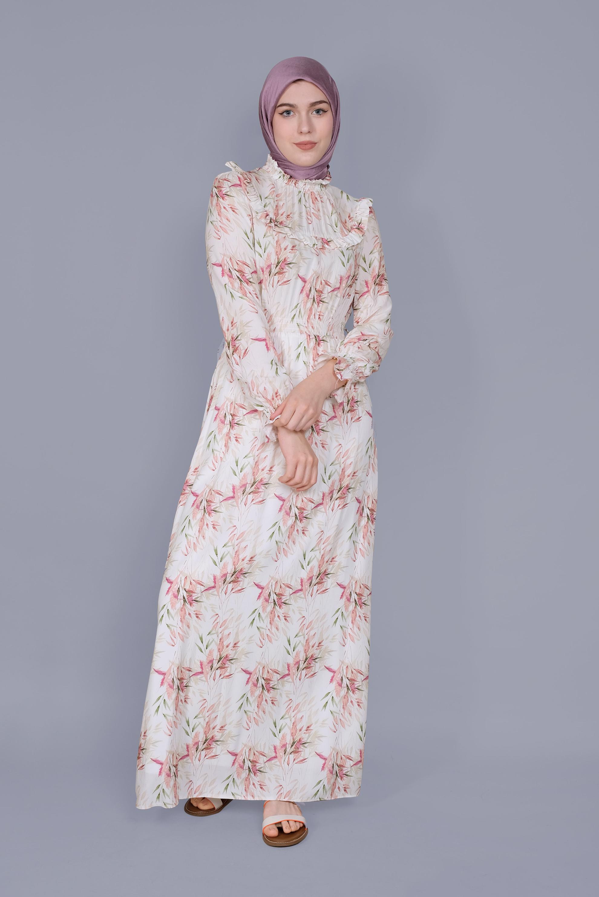 Tesettür giyim PUDRA FIRFIRLI DESENLİ ELBİSE 41590 