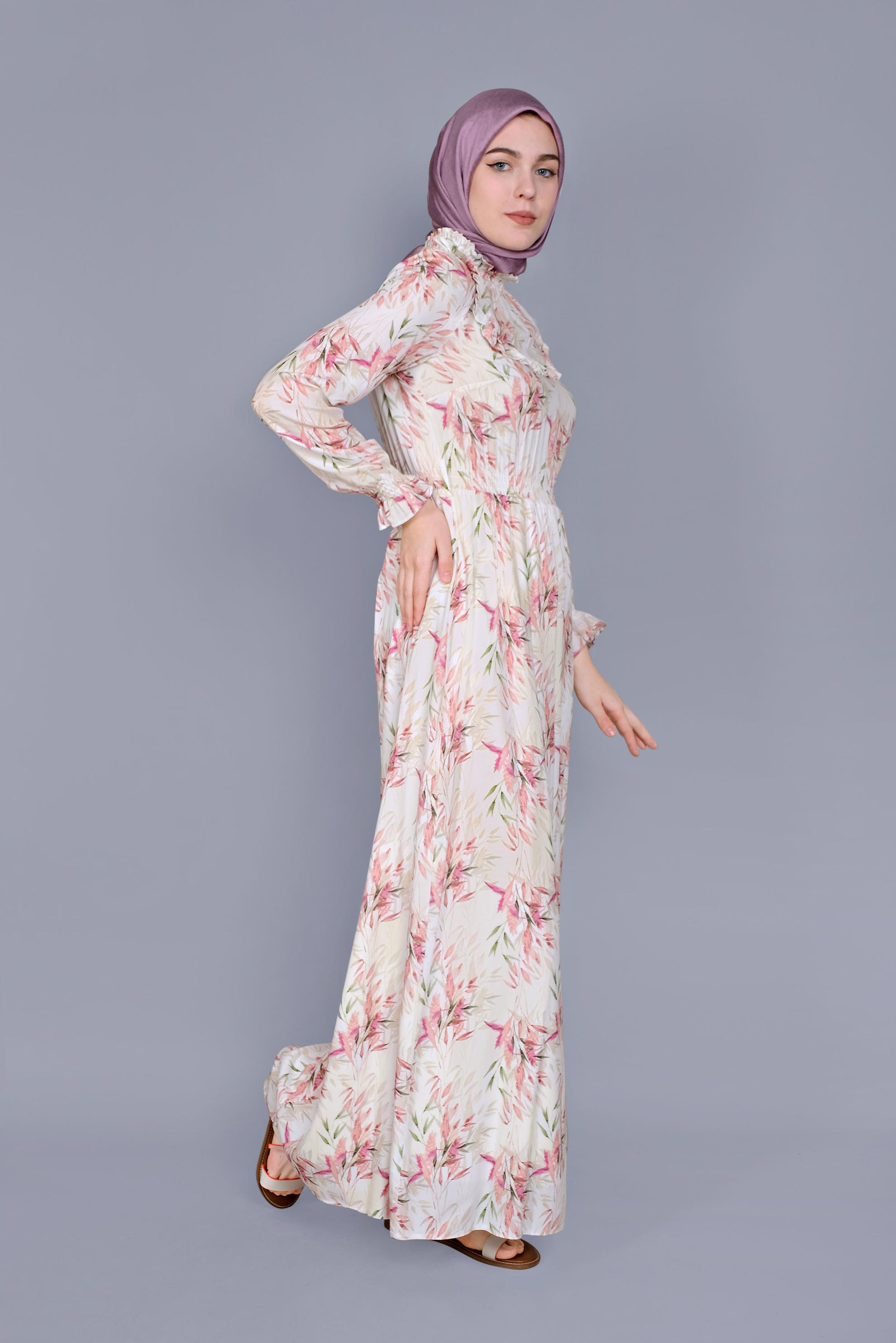 Tesettür giyim PUDRA FIRFIRLI DESENLİ ELBİSE 41590 