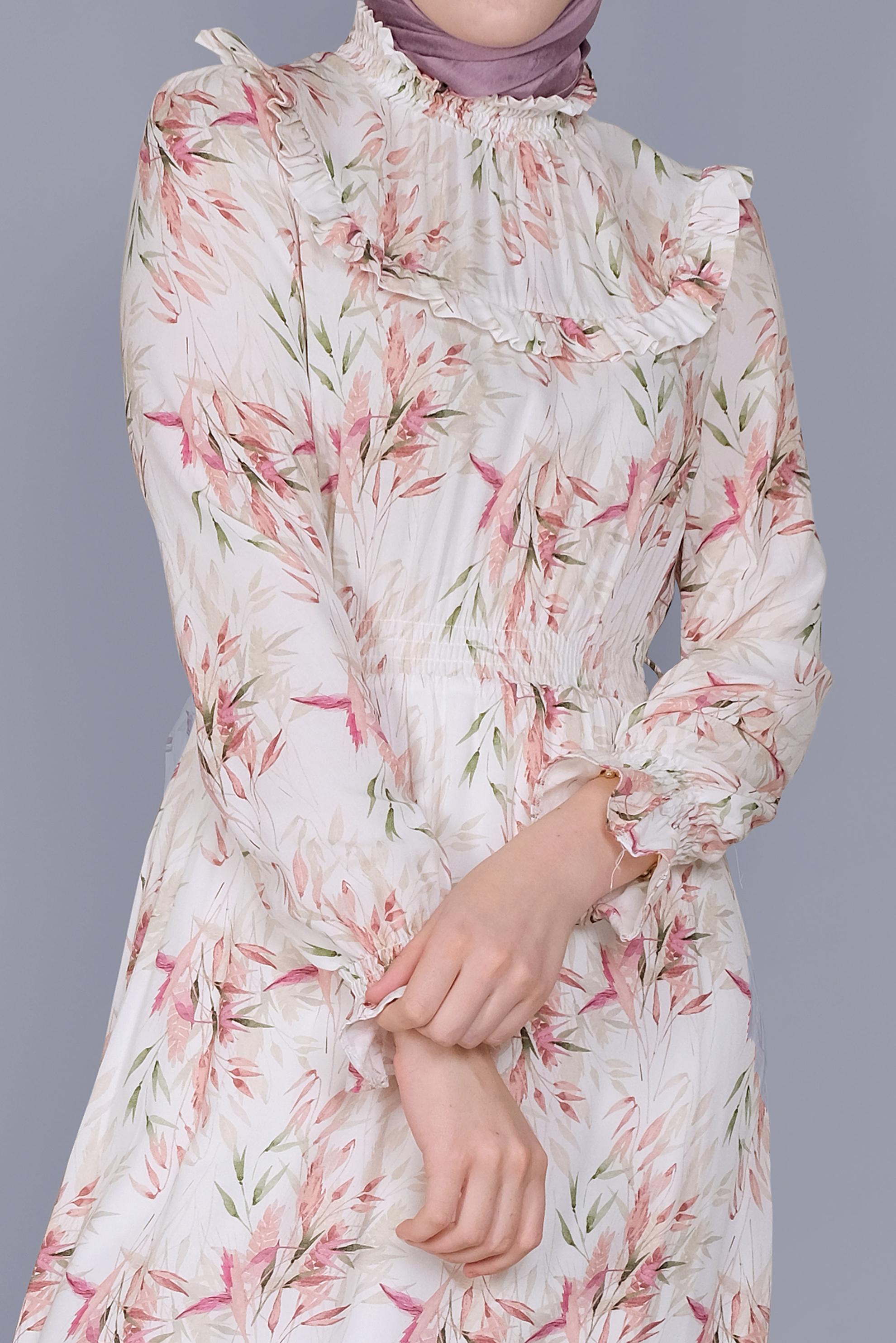 Tesettür giyim PUDRA FIRFIRLI DESENLİ ELBİSE 41590 