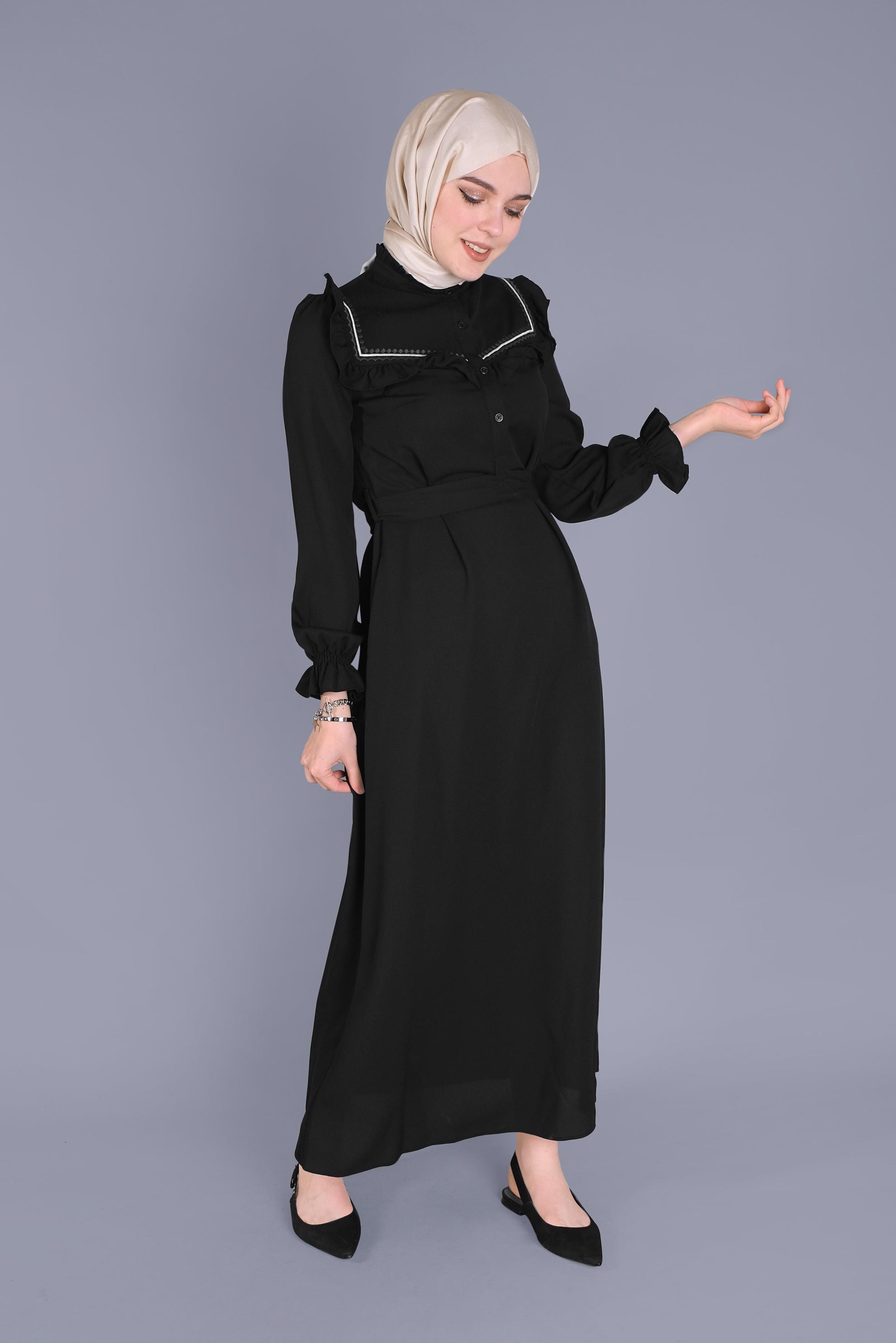 Tesettür giyim SİYAH FIRFIRLI NAKIŞLI ELBİSE 41591 