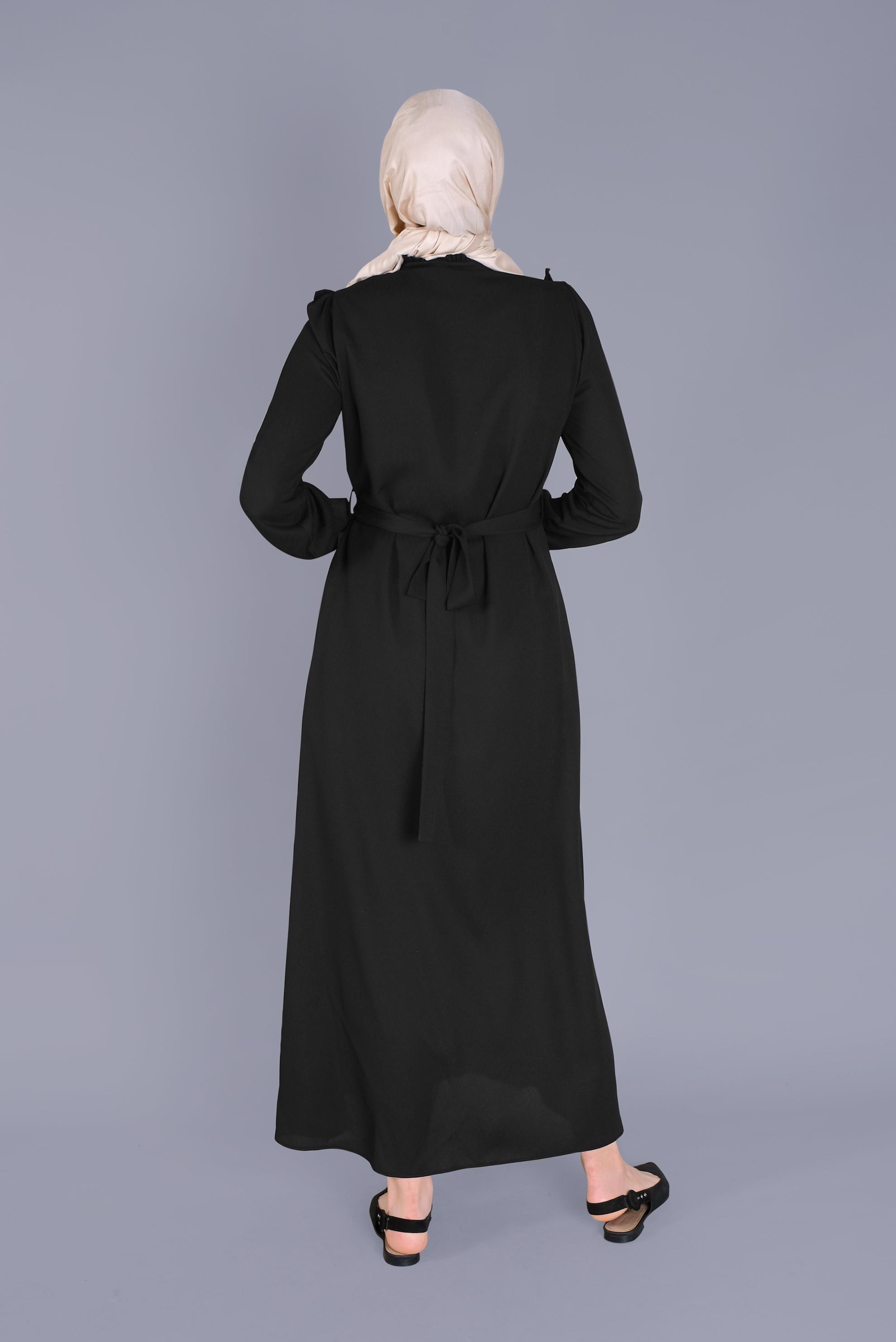 Tesettür giyim SİYAH FIRFIRLI NAKIŞLI ELBİSE 41591 