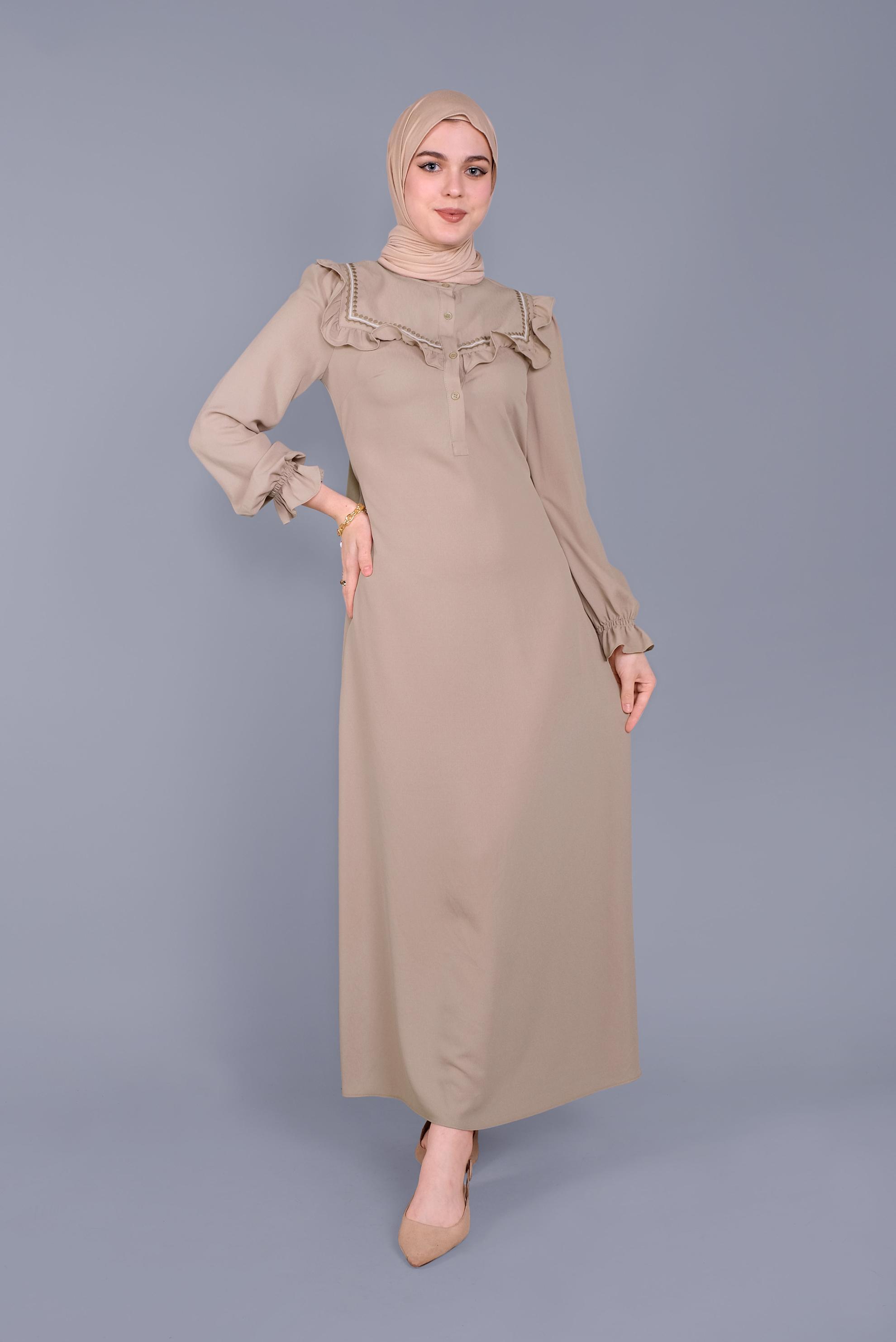 Tesettür giyim BEJ FIRFIRLI NAKIŞLI ELBİSE 41591 