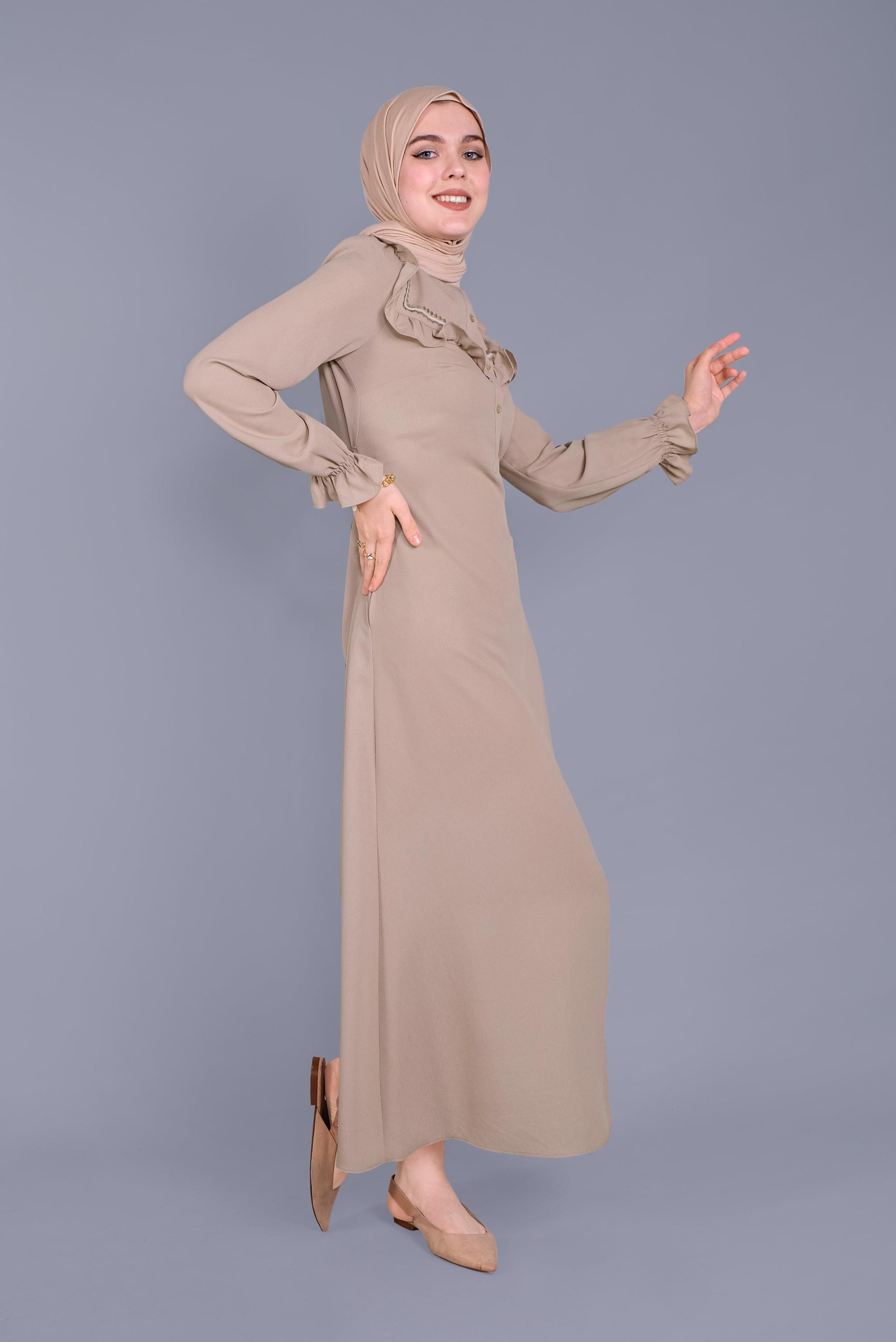 Tesettür giyim BEJ FIRFIRLI NAKIŞLI ELBİSE 41591 