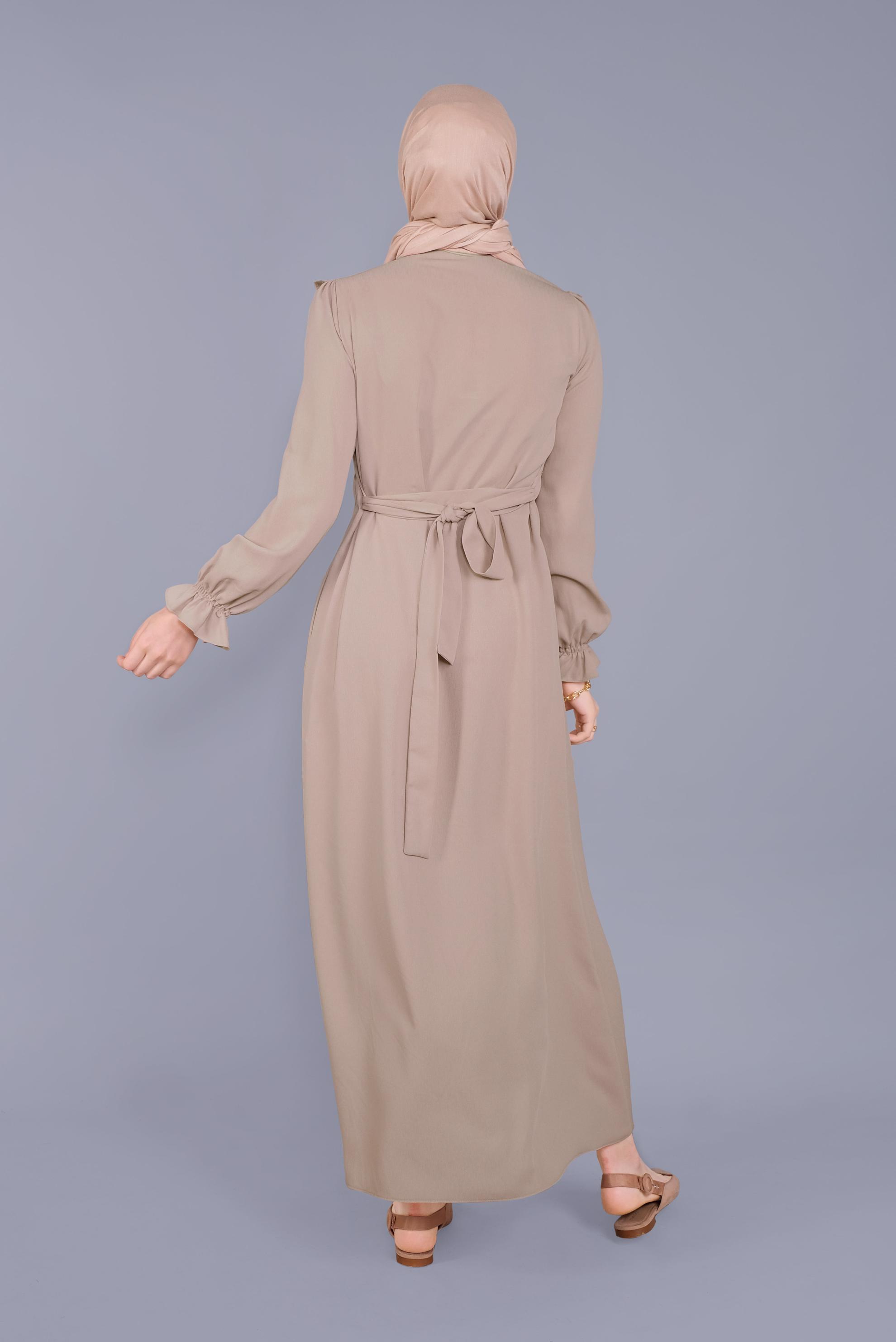 Tesettür giyim BEJ FIRFIRLI NAKIŞLI ELBİSE 41591 