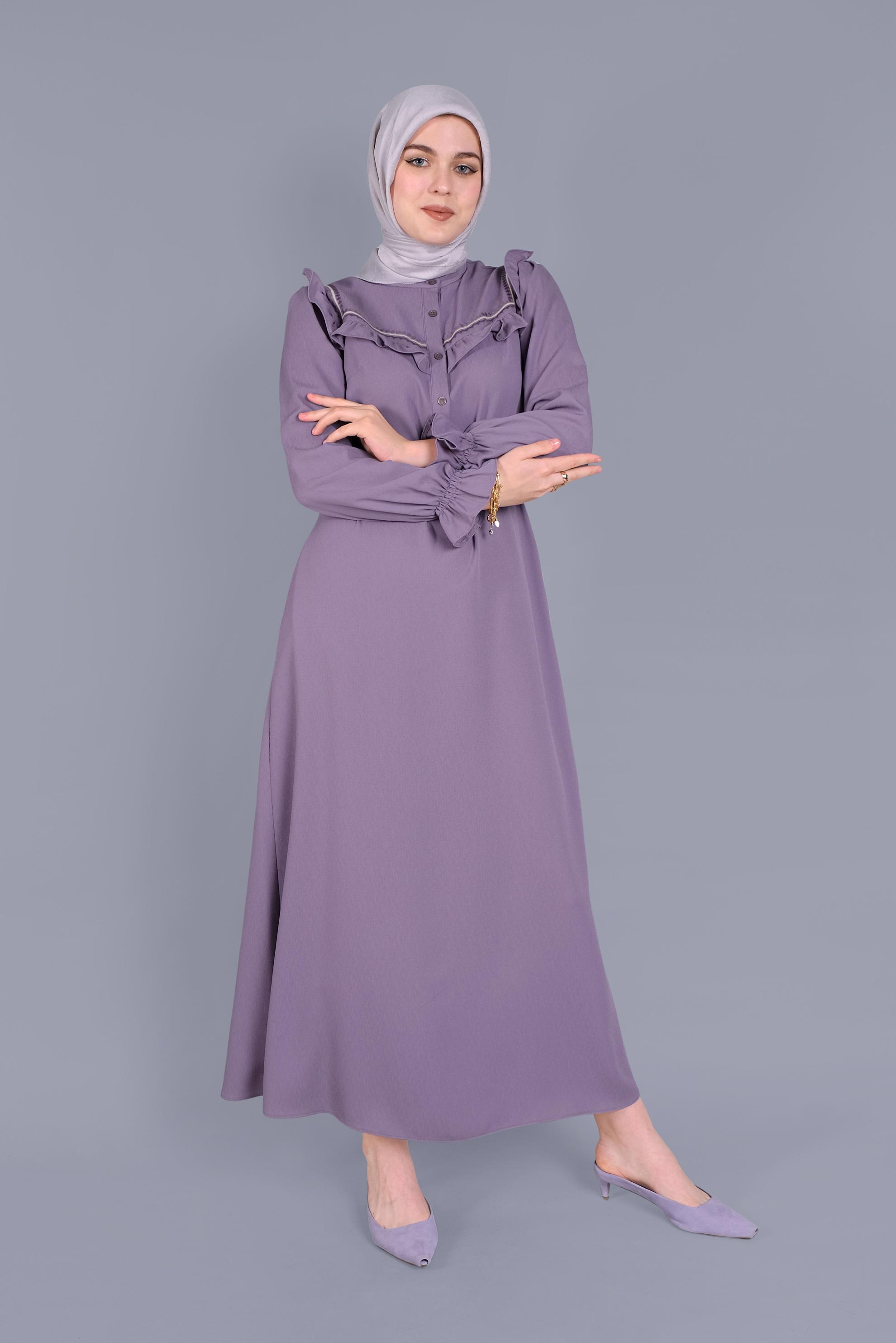 Tesettür giyim MOR FIRFIRLI NAKIŞLI ELBİSE 41591 