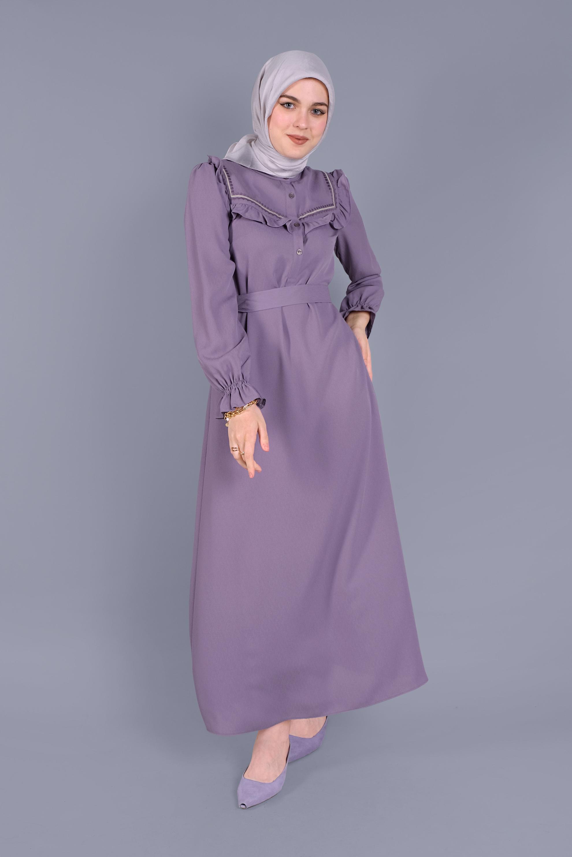 Tesettür giyim MOR FIRFIRLI NAKIŞLI ELBİSE 41591 