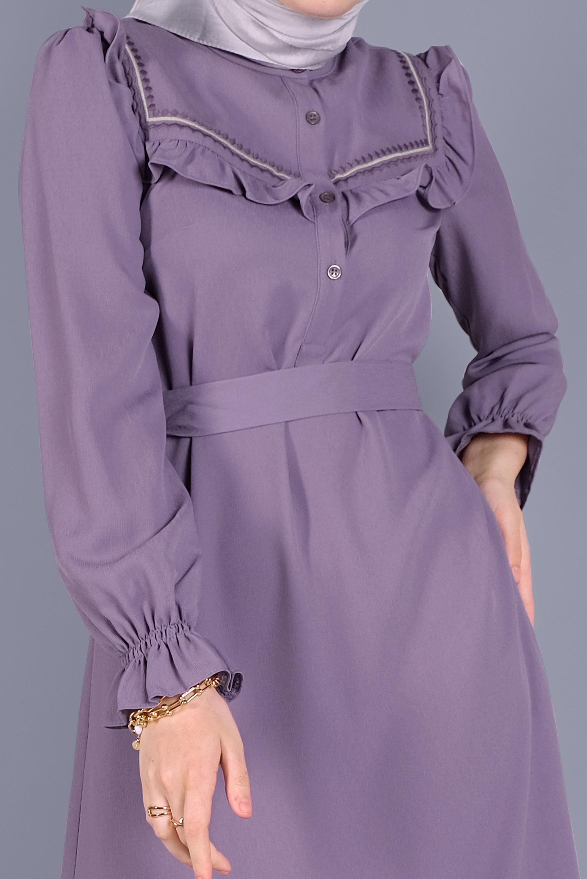 Tesettür giyim MOR FIRFIRLI NAKIŞLI ELBİSE 41591 