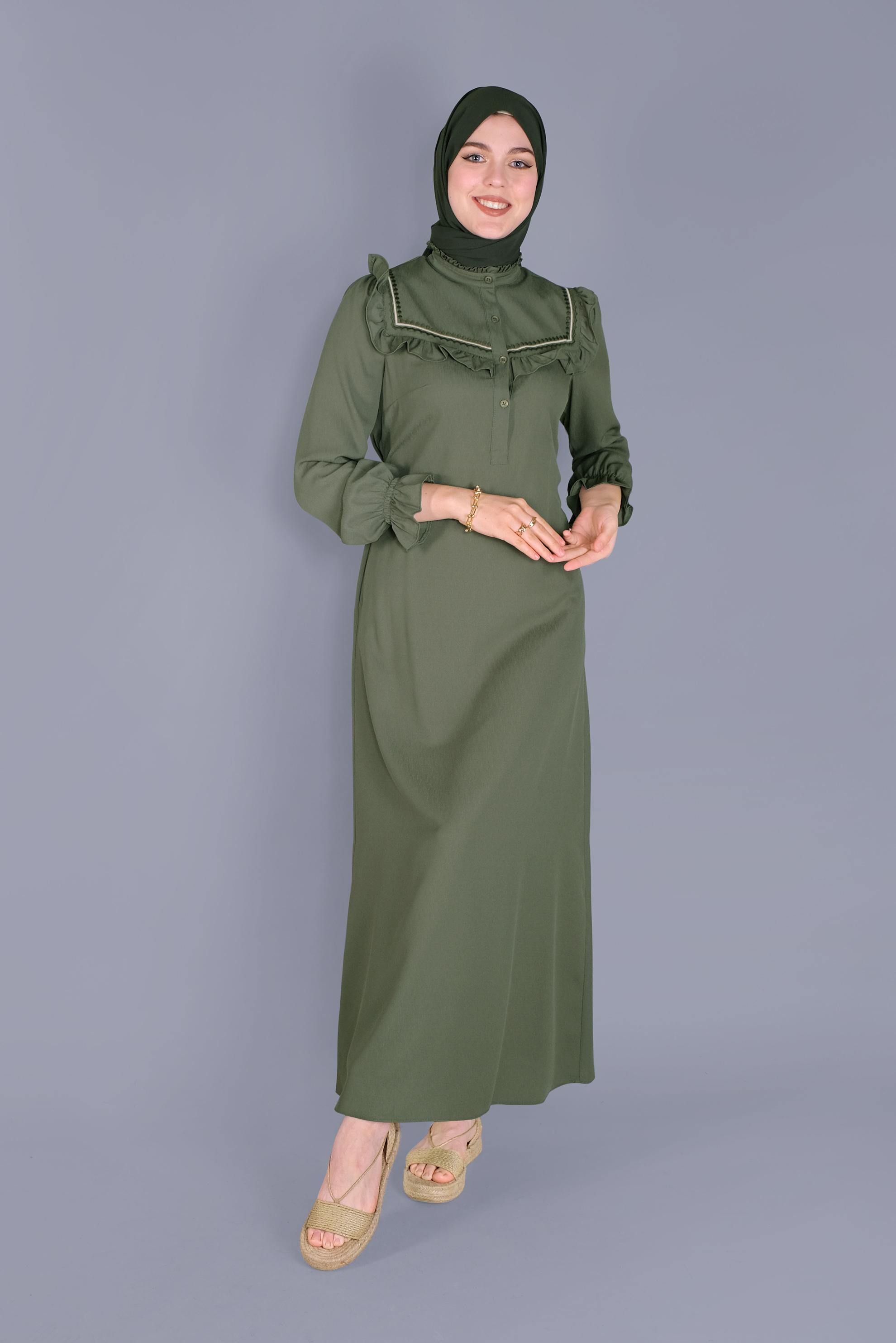 Tesettür giyim HAKİ FIRFIRLI NAKIŞLI ELBİSE 41591 