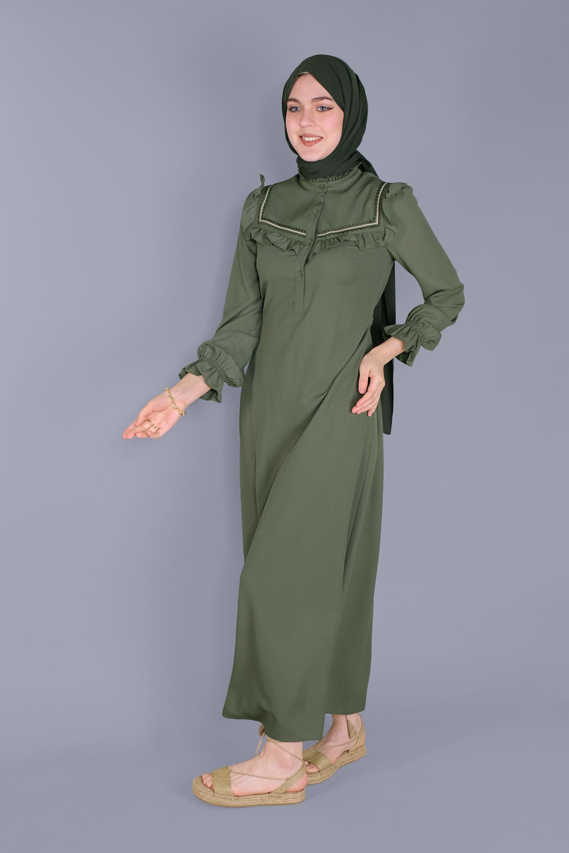 Tesettür giyim HAKİ FIRFIRLI NAKIŞLI ELBİSE 41591 