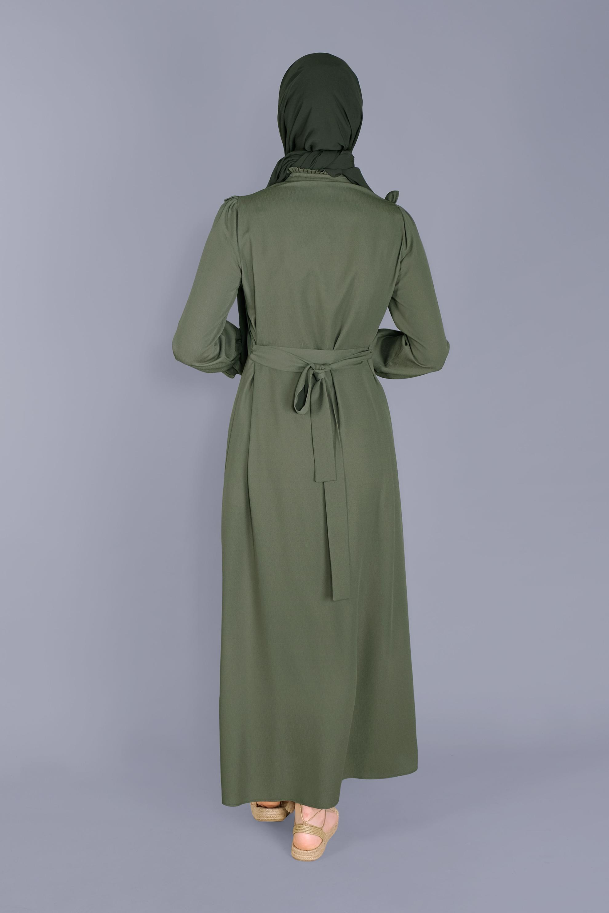 Tesettür giyim HAKİ FIRFIRLI NAKIŞLI ELBİSE 41591 