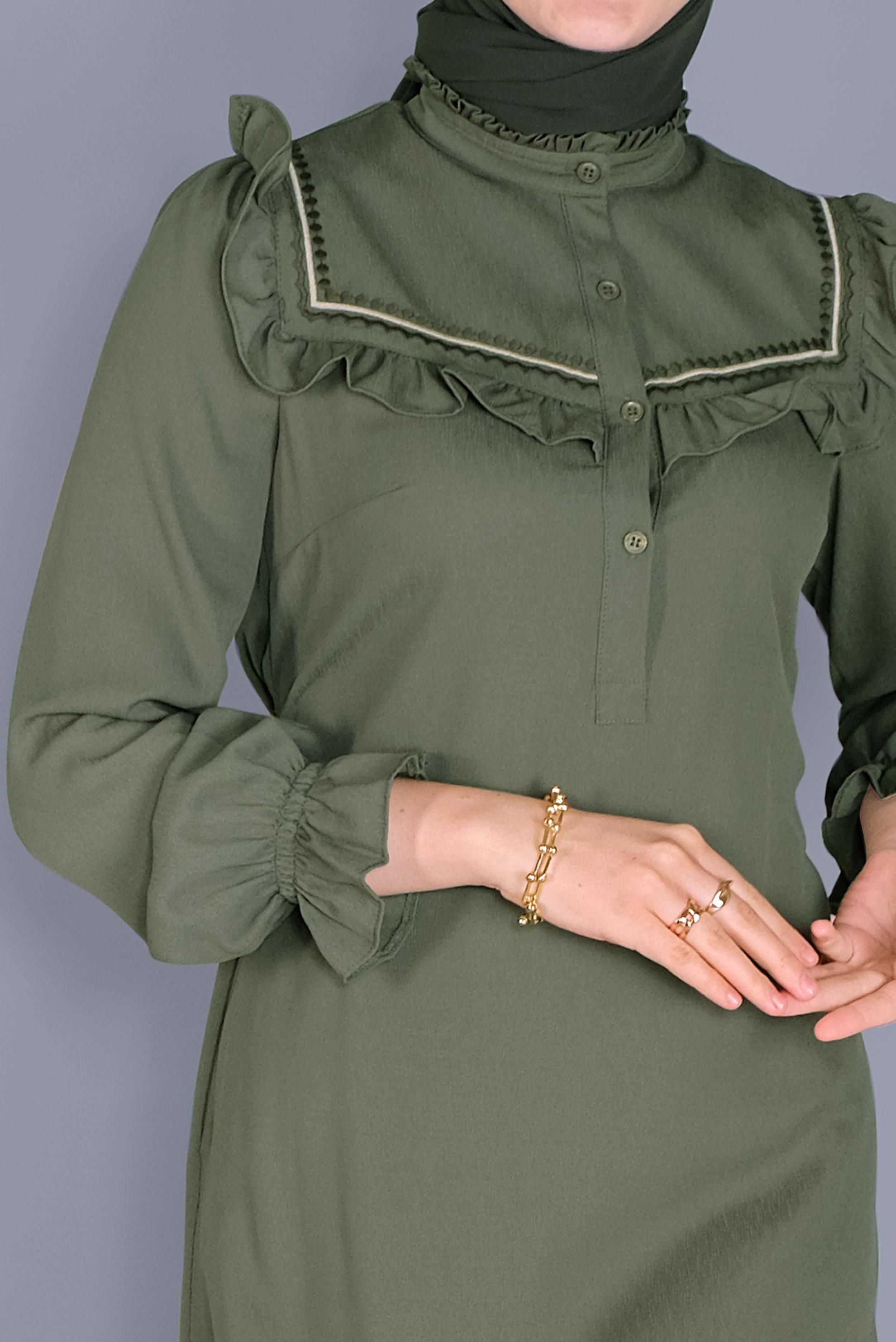 Tesettür giyim HAKİ FIRFIRLI NAKIŞLI ELBİSE 41591 