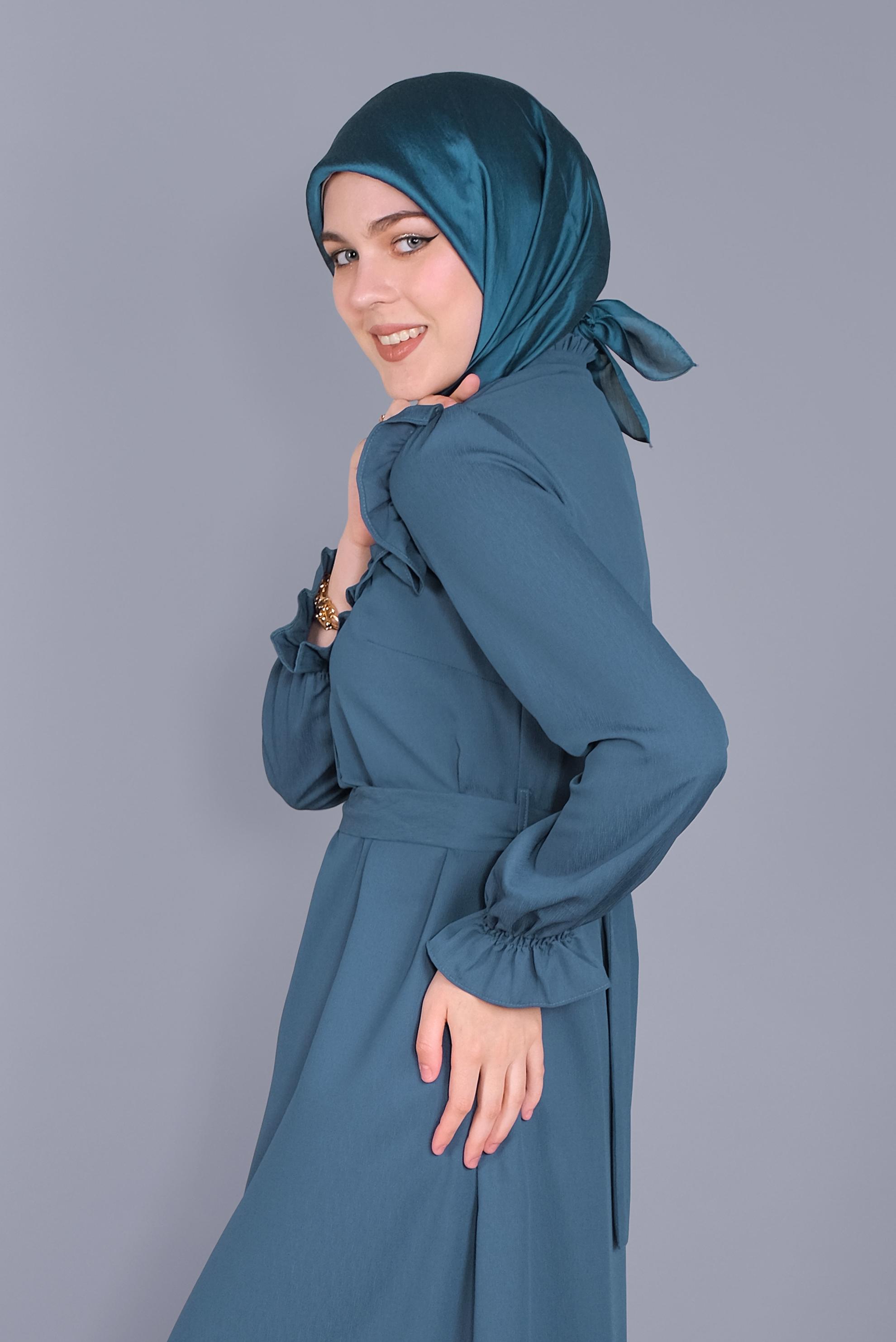 Tesettür giyim LACİVERT FIRFIRLI NAKIŞLI ELBİSE 41591 